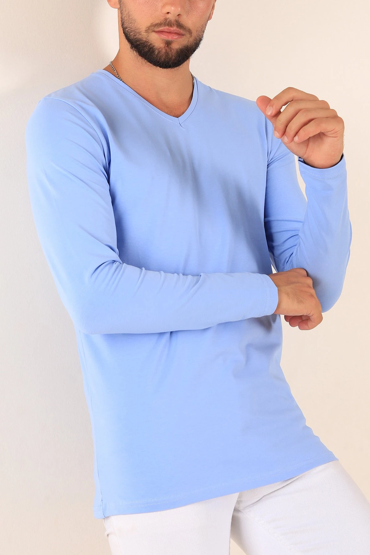 Bebe Mavisi Slim Fit V Yaka Likralı Basic Erkek Sweatshirt 234996