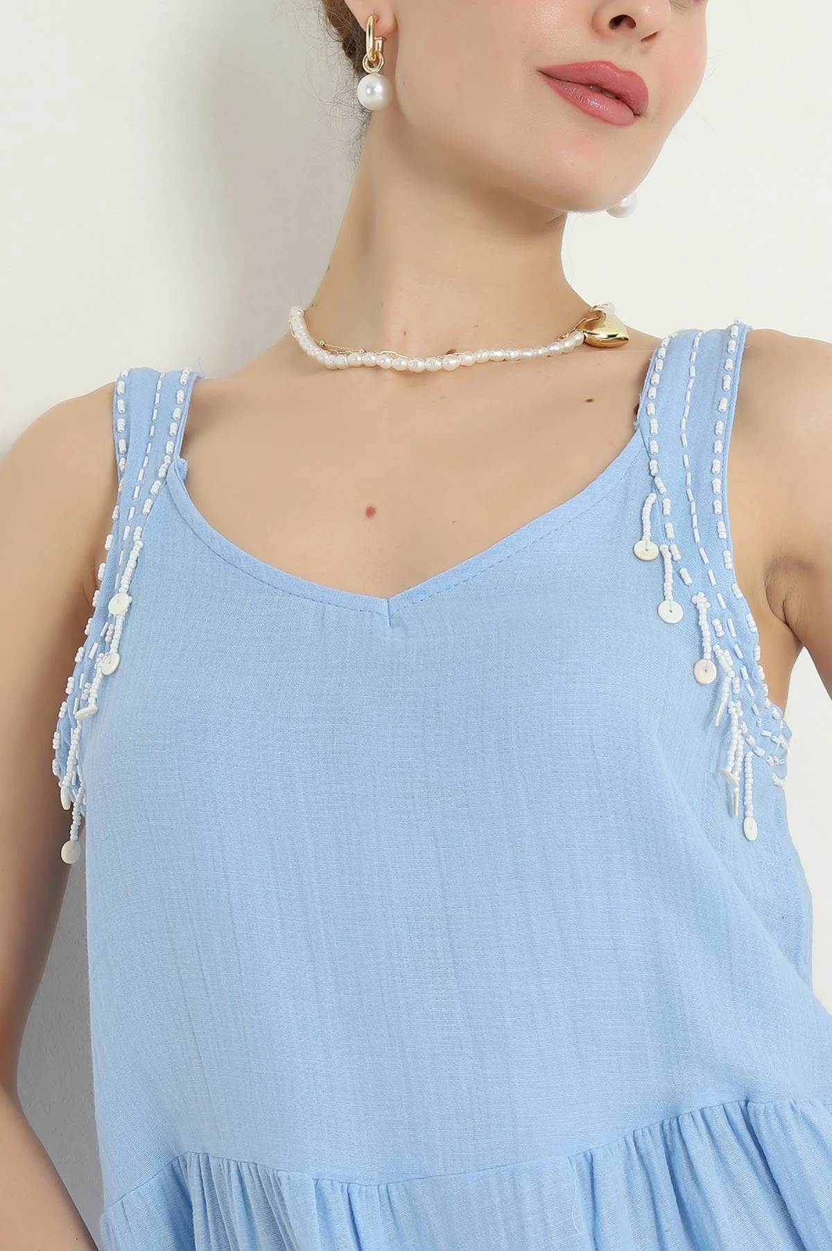 Bebe Mavisi Taş İşlemeli Müslin Kadın Elbise 345857