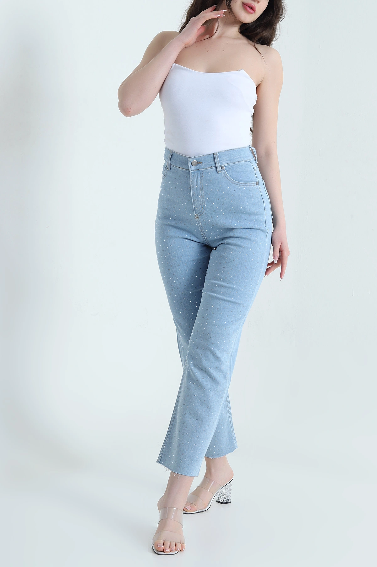 Bebe Mavisi Taşlı Likralı Lazer Paça Kadın Kot Pantolon 452950