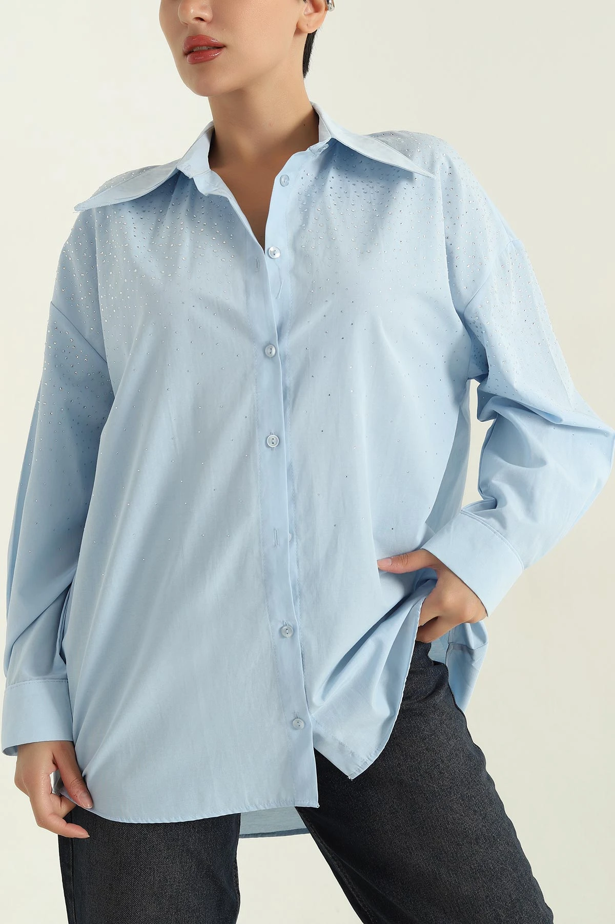 Bebe Mavisi Taşlı Poplin Kadın Gömlek 368993