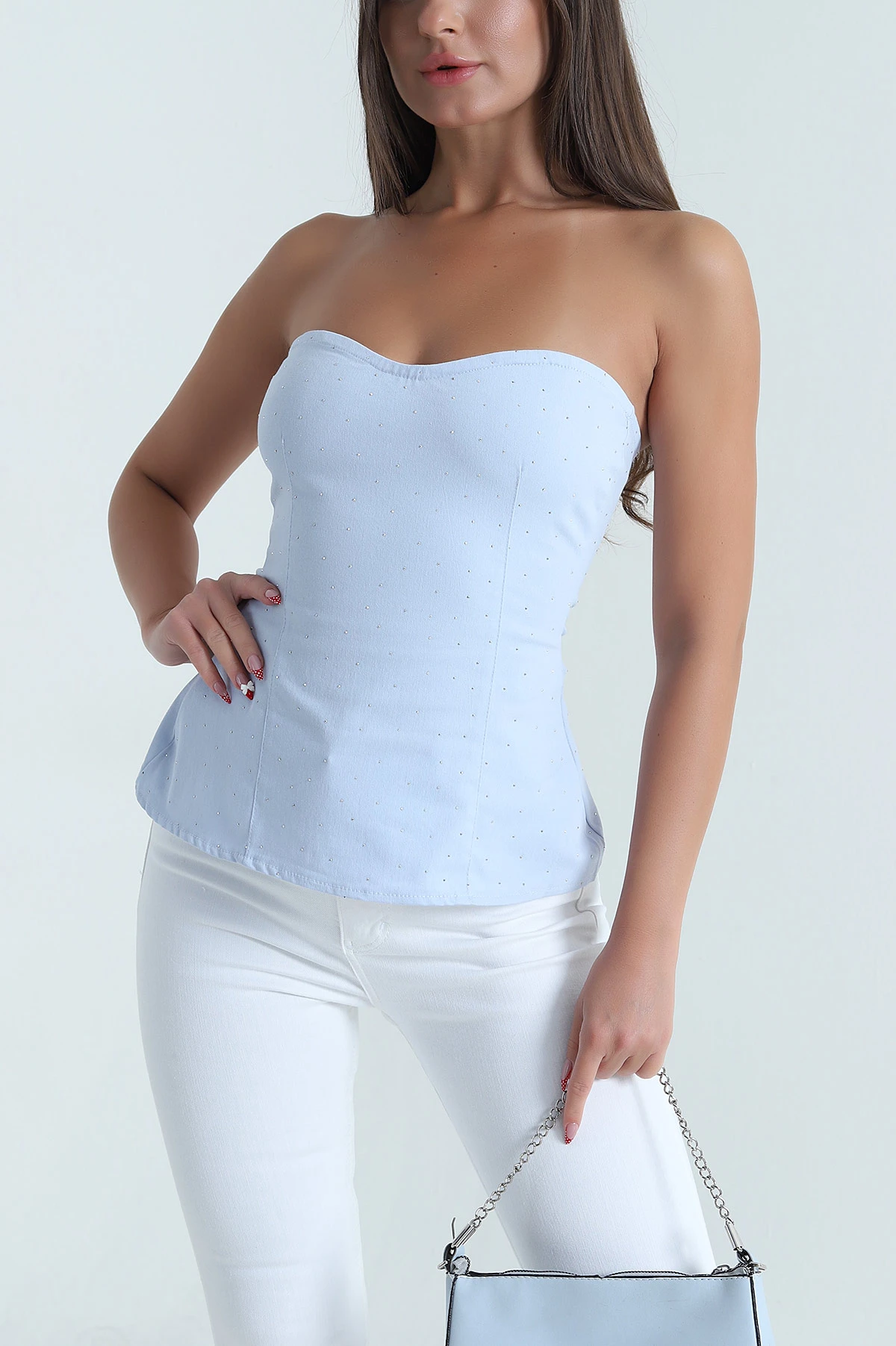 Bebe Mavisi Taşlı Straplez Kadın Denim Büstiyer 473166