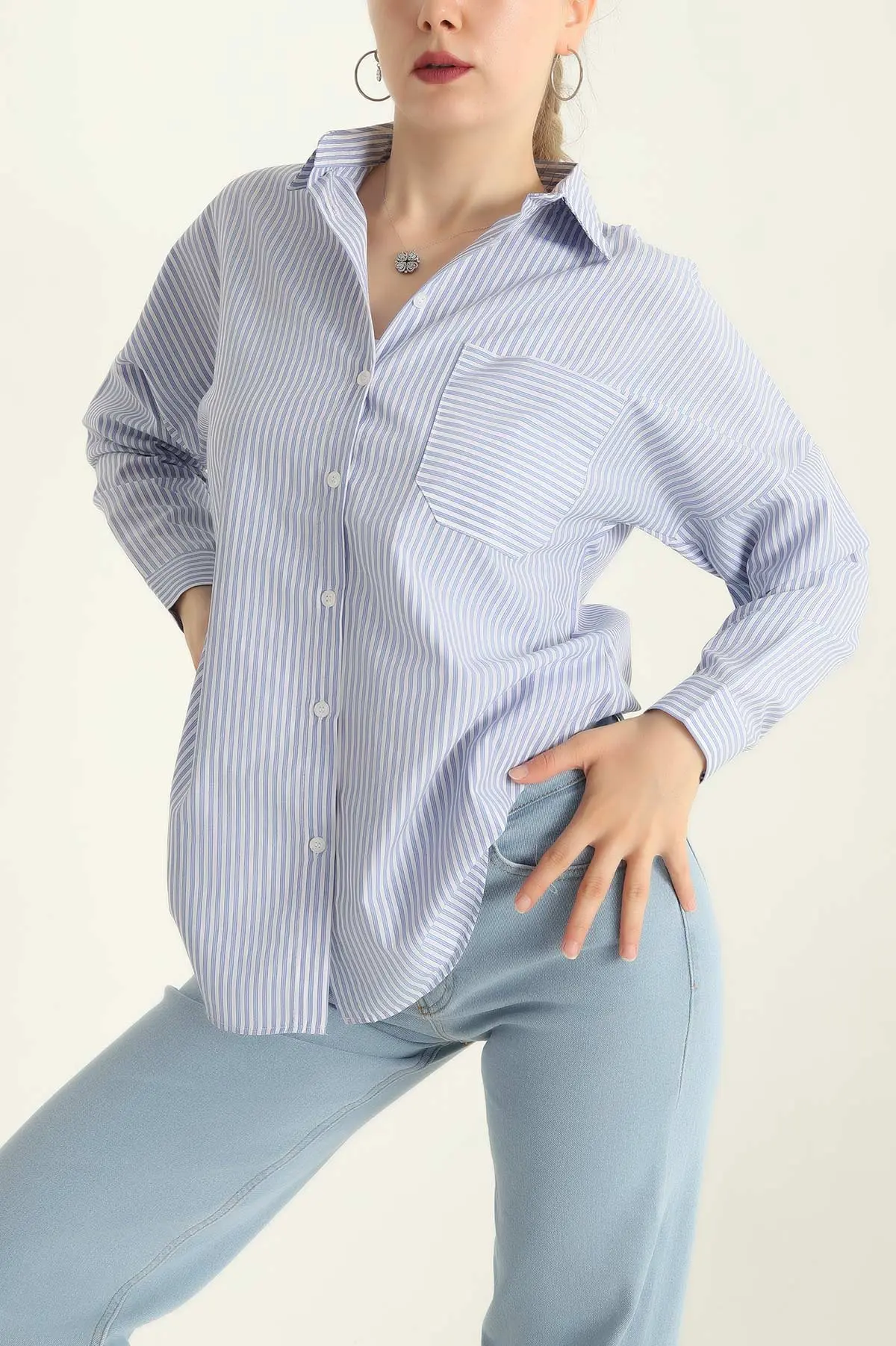 Bebe Mavisi Tek Cep Oversize Tunik Gömlek 286277