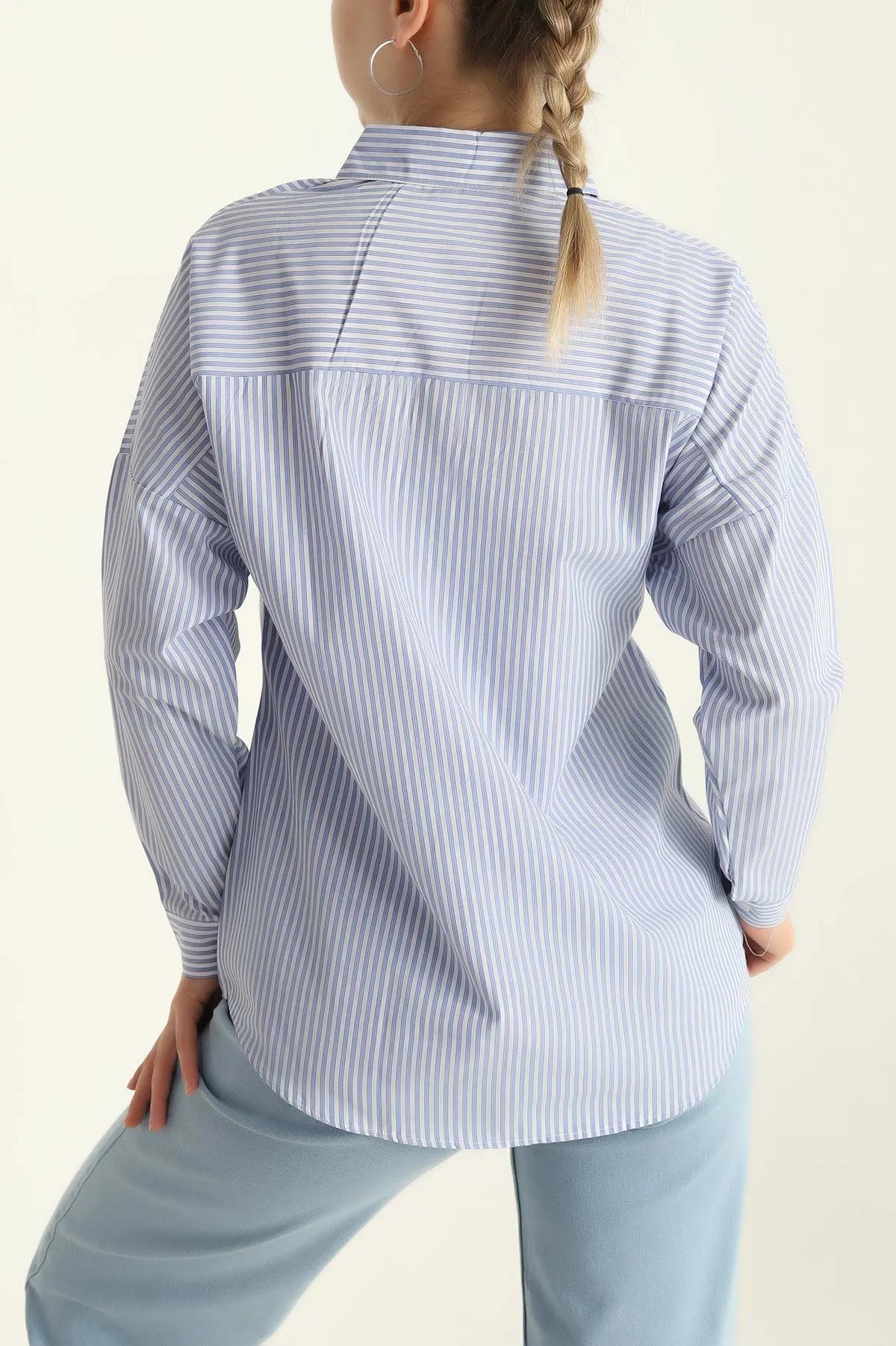 Bebe Mavisi Tek Cep Oversize Tunik Gömlek 286277