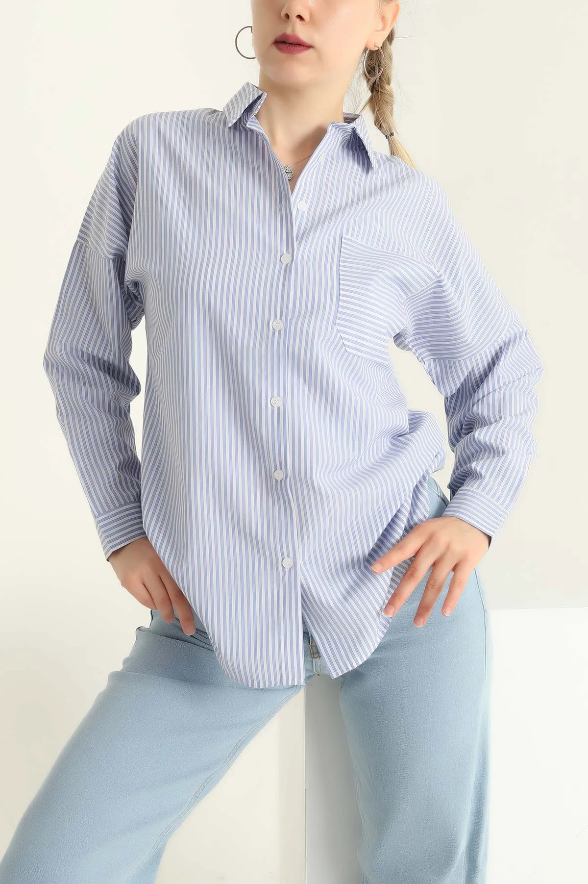 Bebe Mavisi Tek Cep Oversize Tunik Gömlek 286277