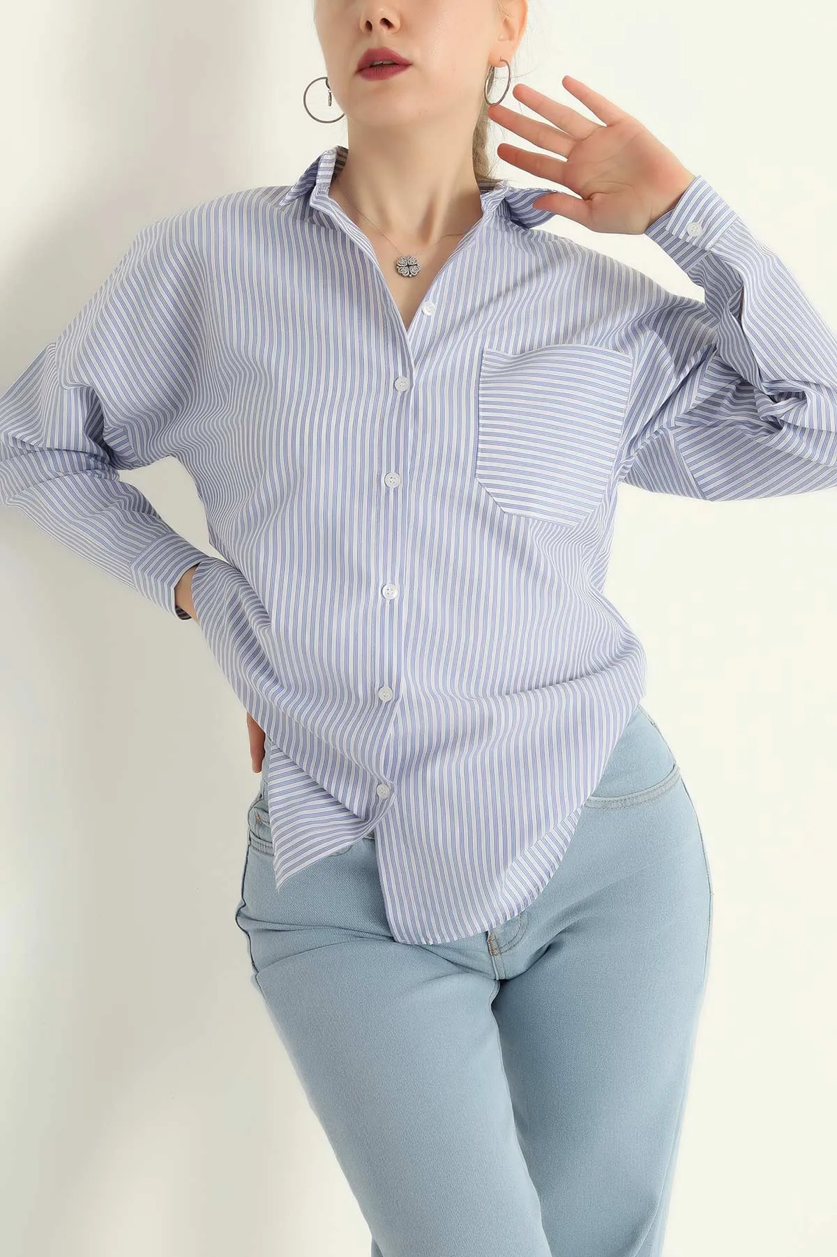 Bebe Mavisi Tek Cep Oversize Tunik Gömlek 286277