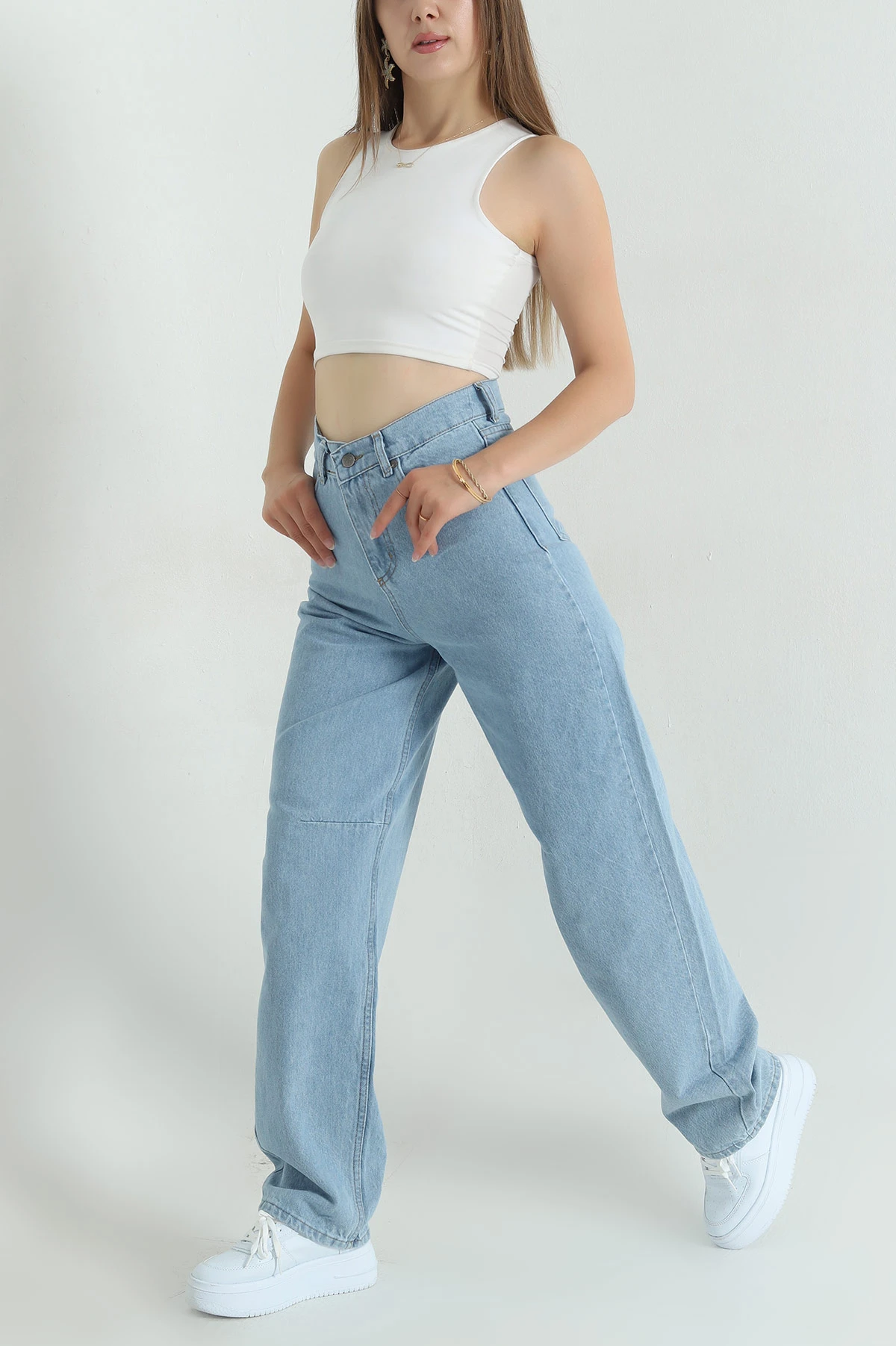 Bebe Mavisi Tokalı Cepli Baggy Kadın Kot Pantolon 375578