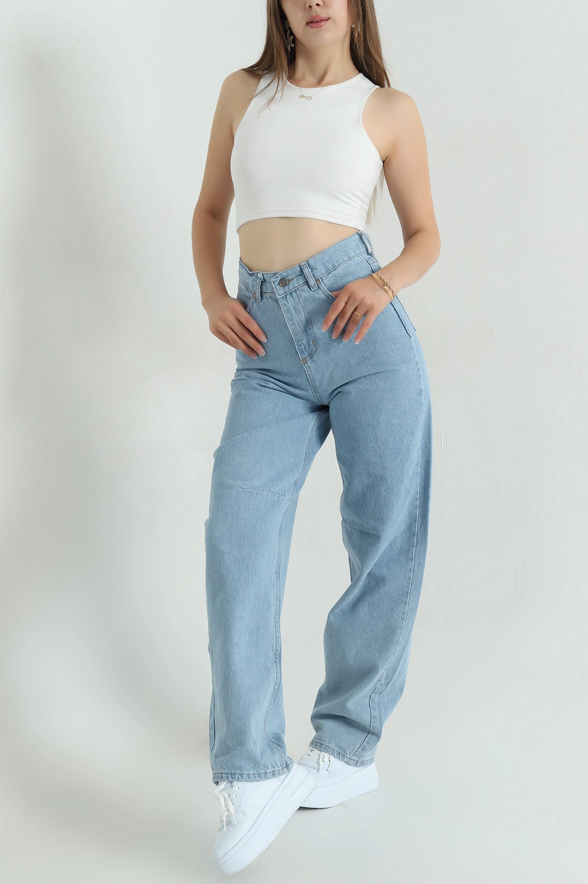 Bebe Mavisi Tokalı Cepli Baggy Kadın Kot Pantolon 375578