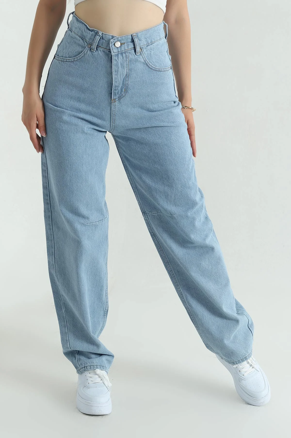 Bebe Mavisi Tokalı Cepli Baggy Kadın Kot Pantolon 375578