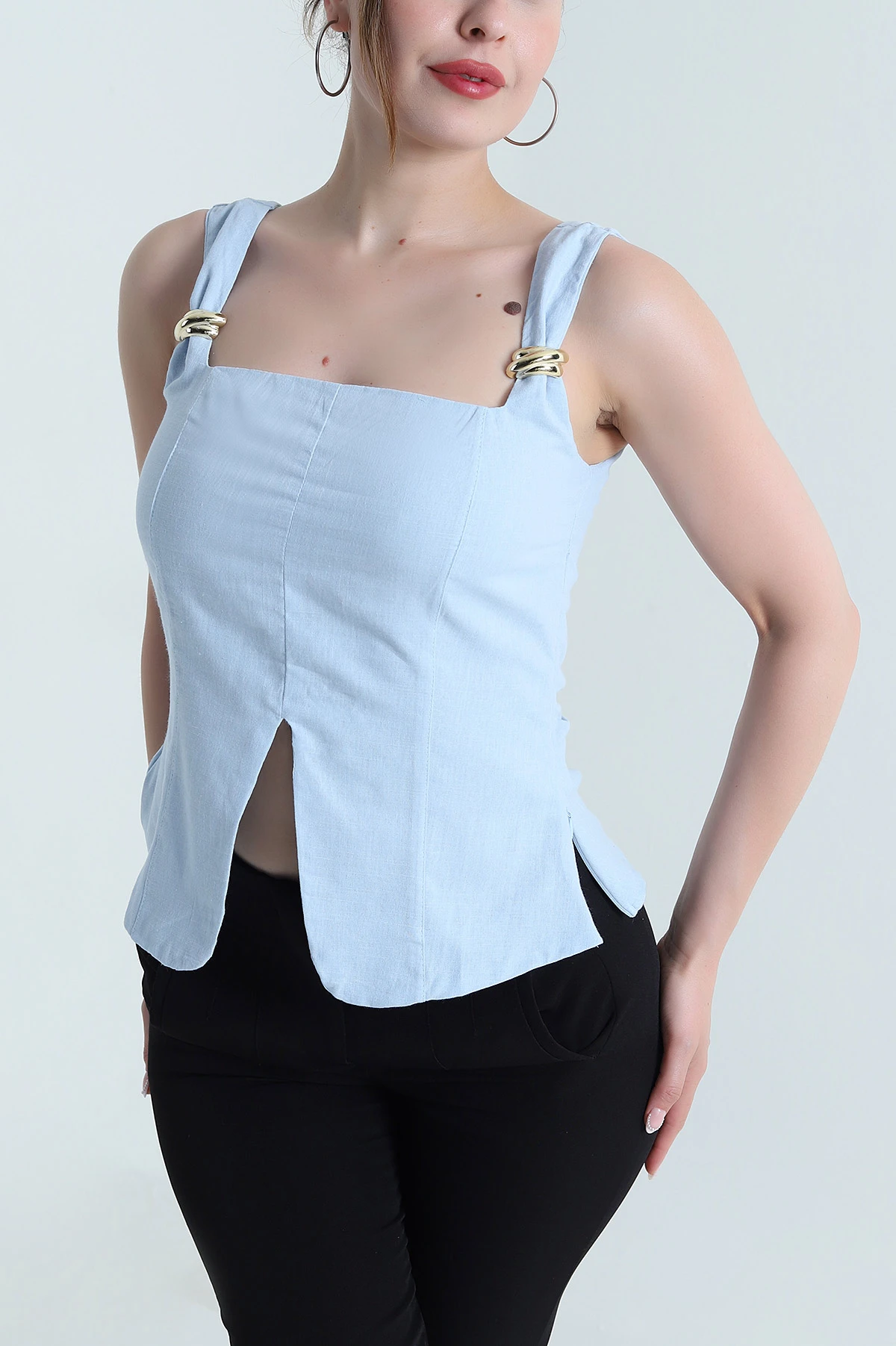 Bebe Mavisi Tokalı Keten Kadın Bluz 475035