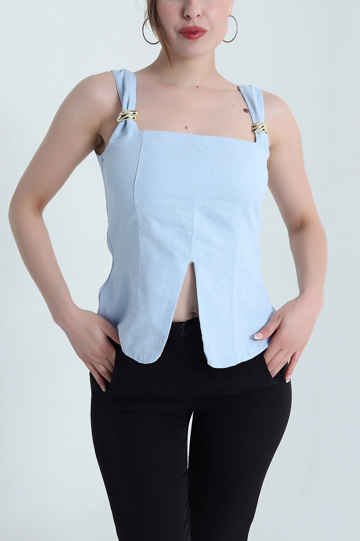Bebe Mavisi Tokalı Keten Kadın Bluz 475035