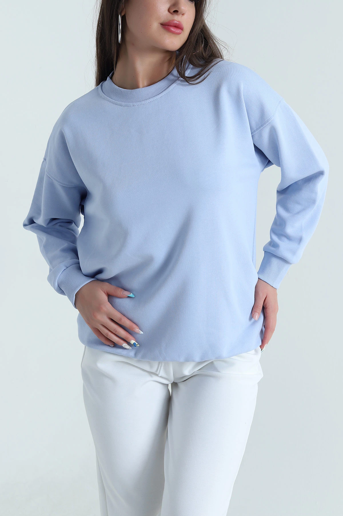 Bebe Mavisi Üç İp Bisiklet Yaka Kadın Sweat 483669