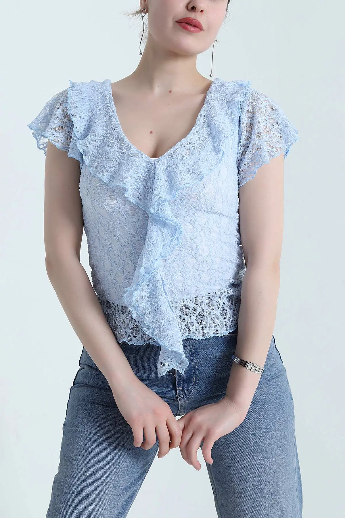 Bebe Mavisi V Yaka Dantelli Tül Bluz 454062