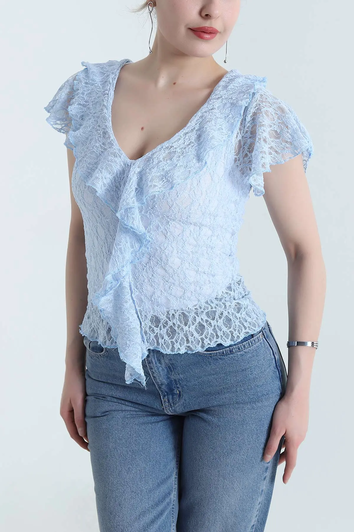 Bebe Mavisi V Yaka Dantelli Tül Bluz 454062