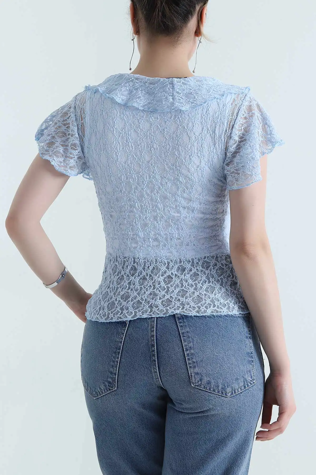 Bebe Mavisi V Yaka Dantelli Tül Bluz 454062
