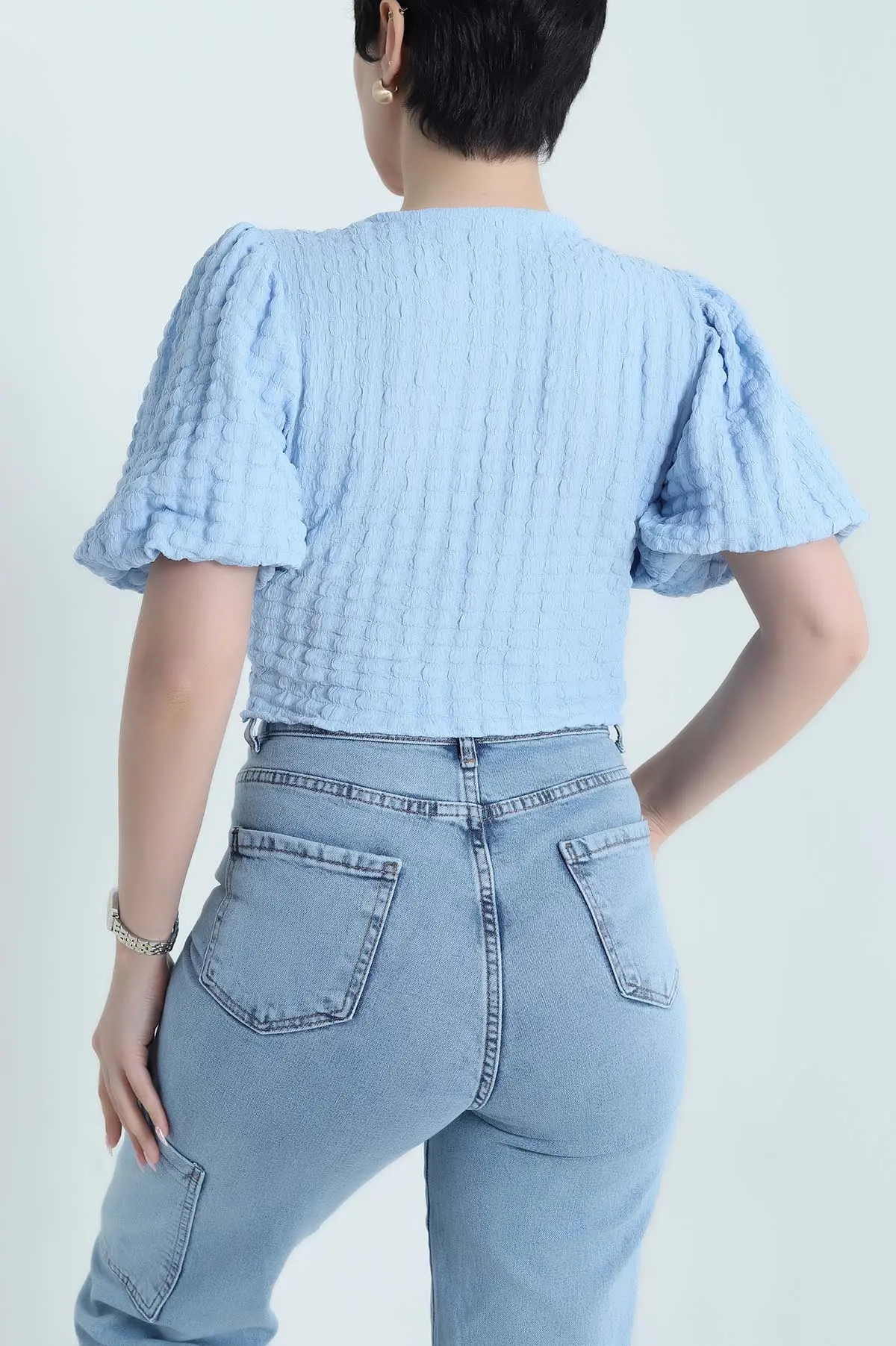Bebe Mavisi V Yaka Gofre Kadın Crop 456754