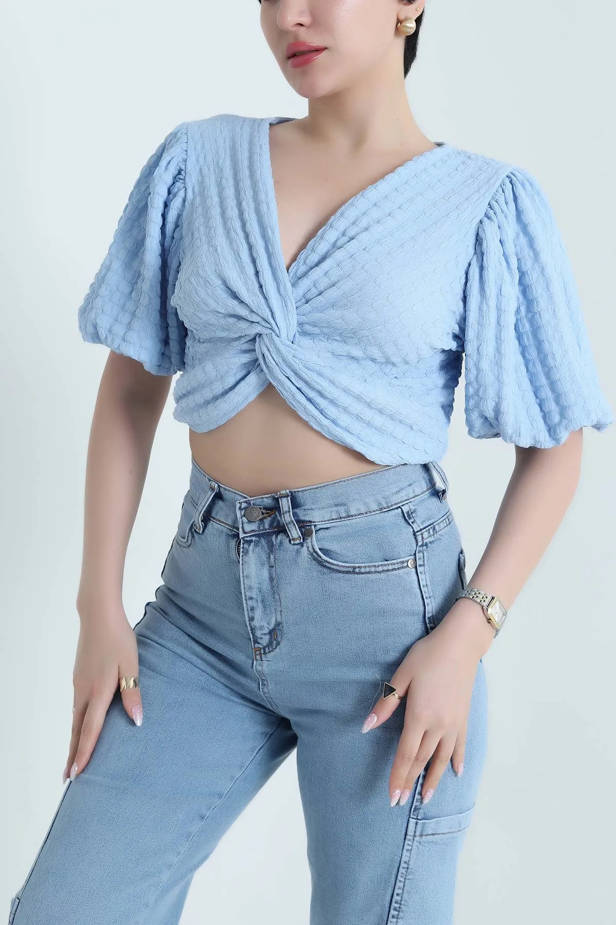 Bebe Mavisi V Yaka Gofre Kadın Crop 456754