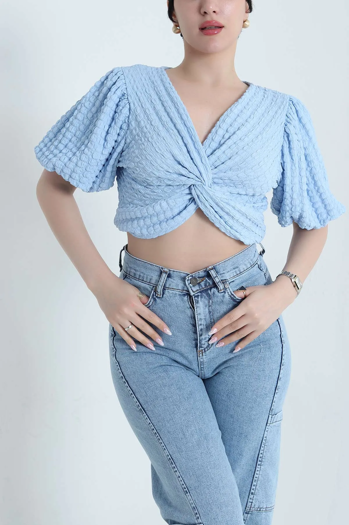 Bebe Mavisi V Yaka Gofre Kadın Crop 456754