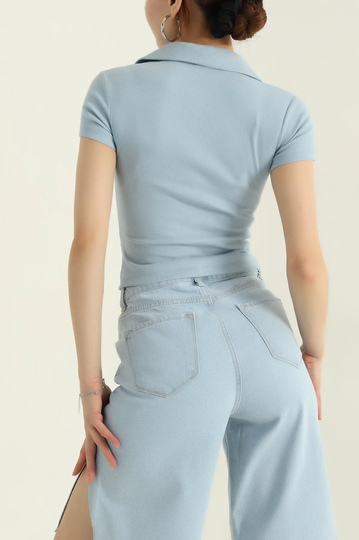 Bebe Mavisi Yakalı Fitilli Kadın Bluz 365469
