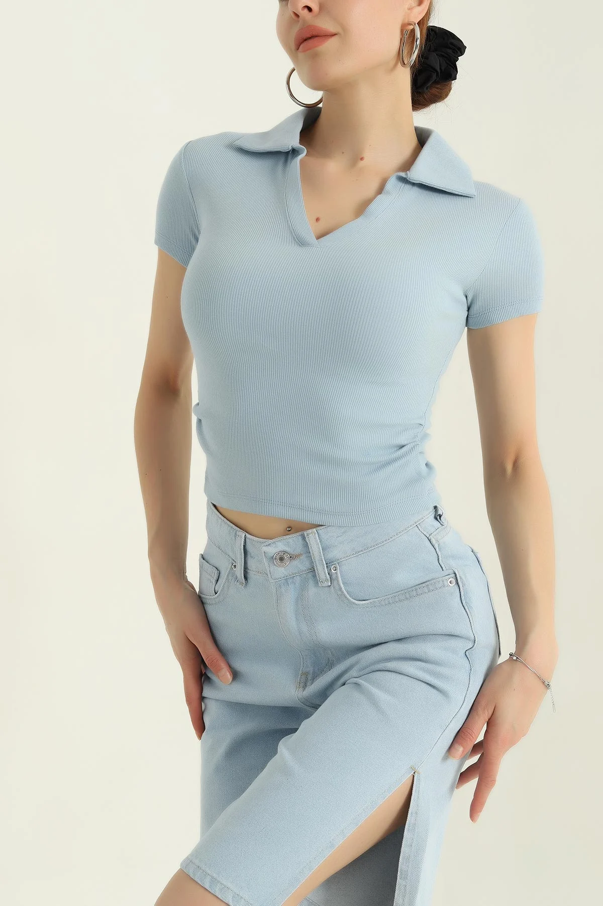 Bebe Mavisi Yakalı Fitilli Kadın Bluz 365469