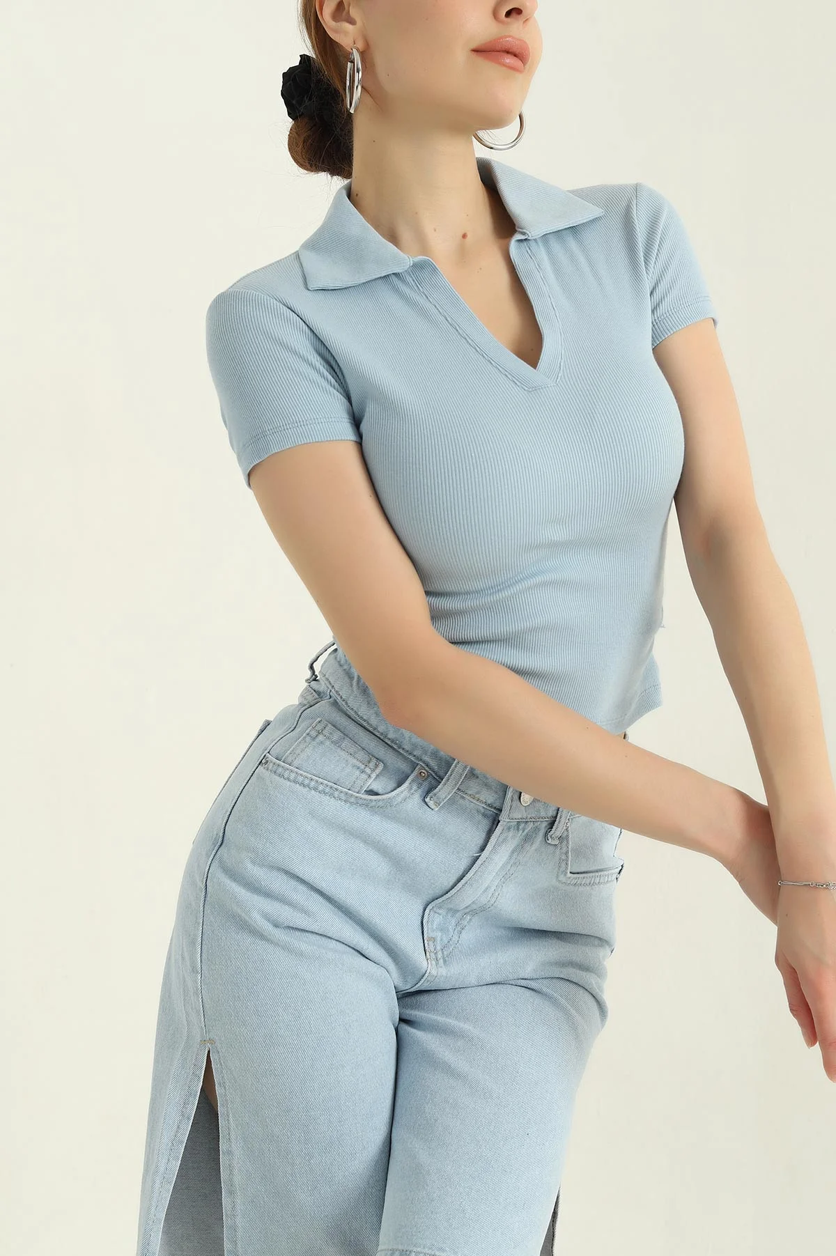 Bebe Mavisi Yakalı Fitilli Kadın Bluz 365469