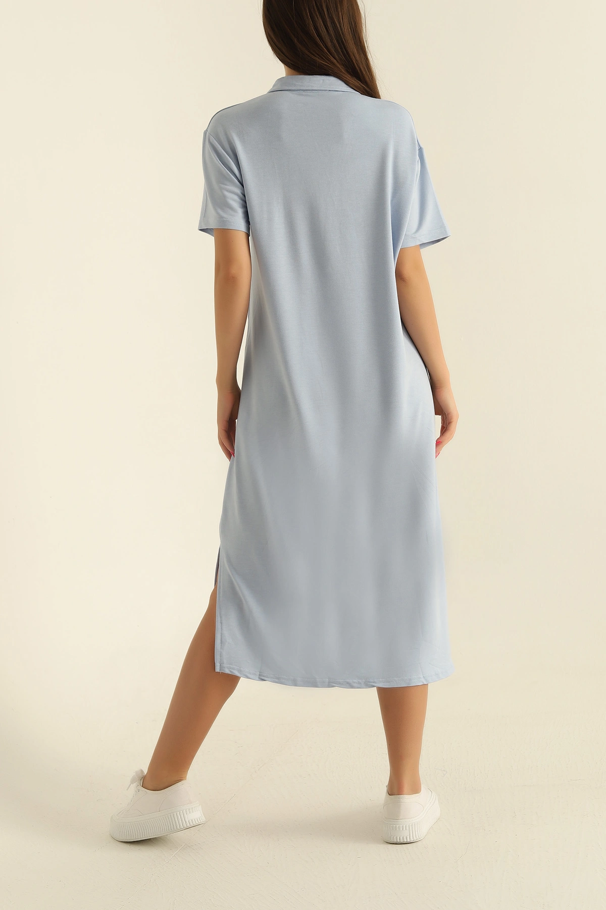 Bebe Mavisi Yakalı Yırtmaçlı Modal Elbise 278736