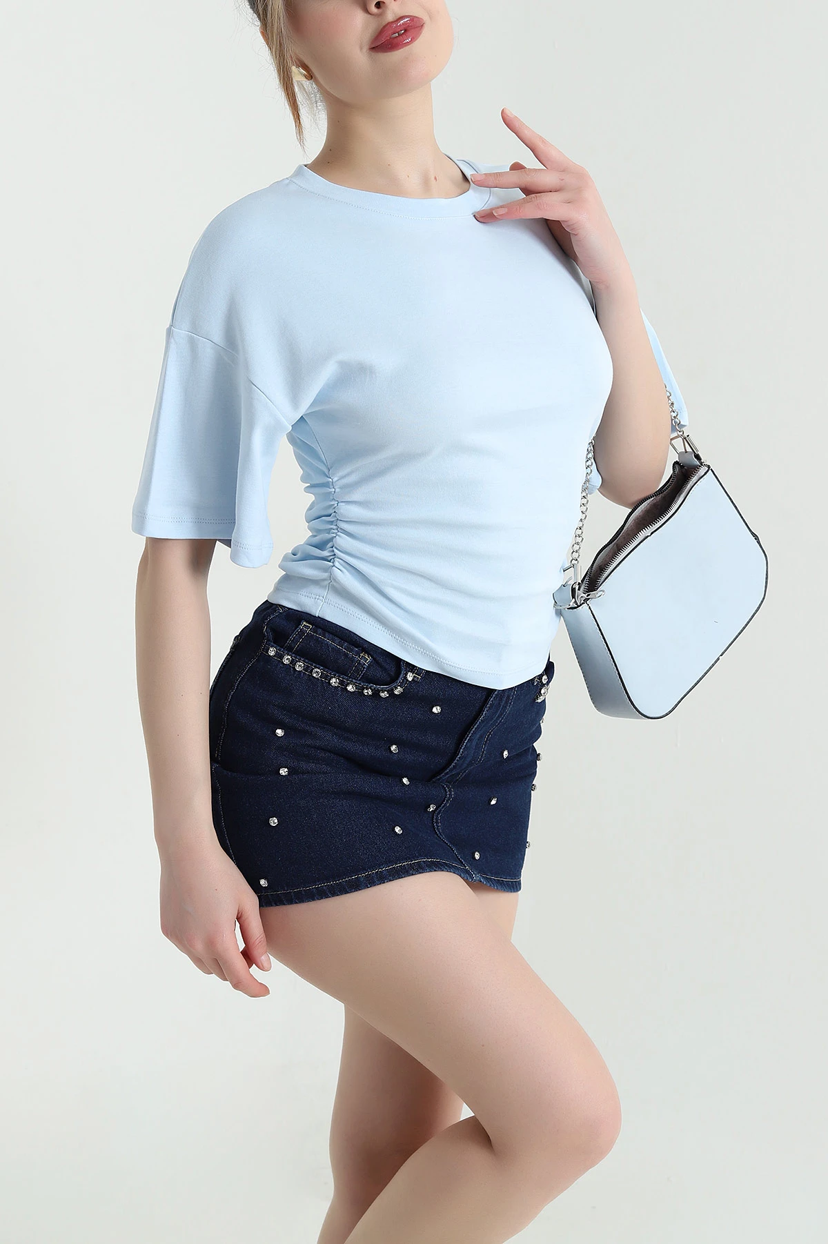 Bebe Mavisi Yanı Büzgülü Kadın Bluz 451099