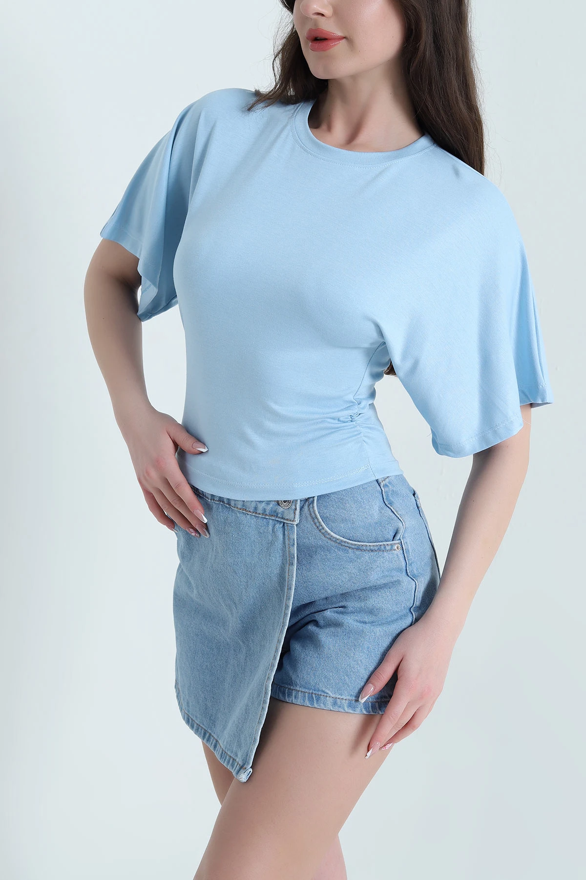 Bebe Mavisi Yarasa Kol Büzgülü Oysho Kadın Bluz 454715