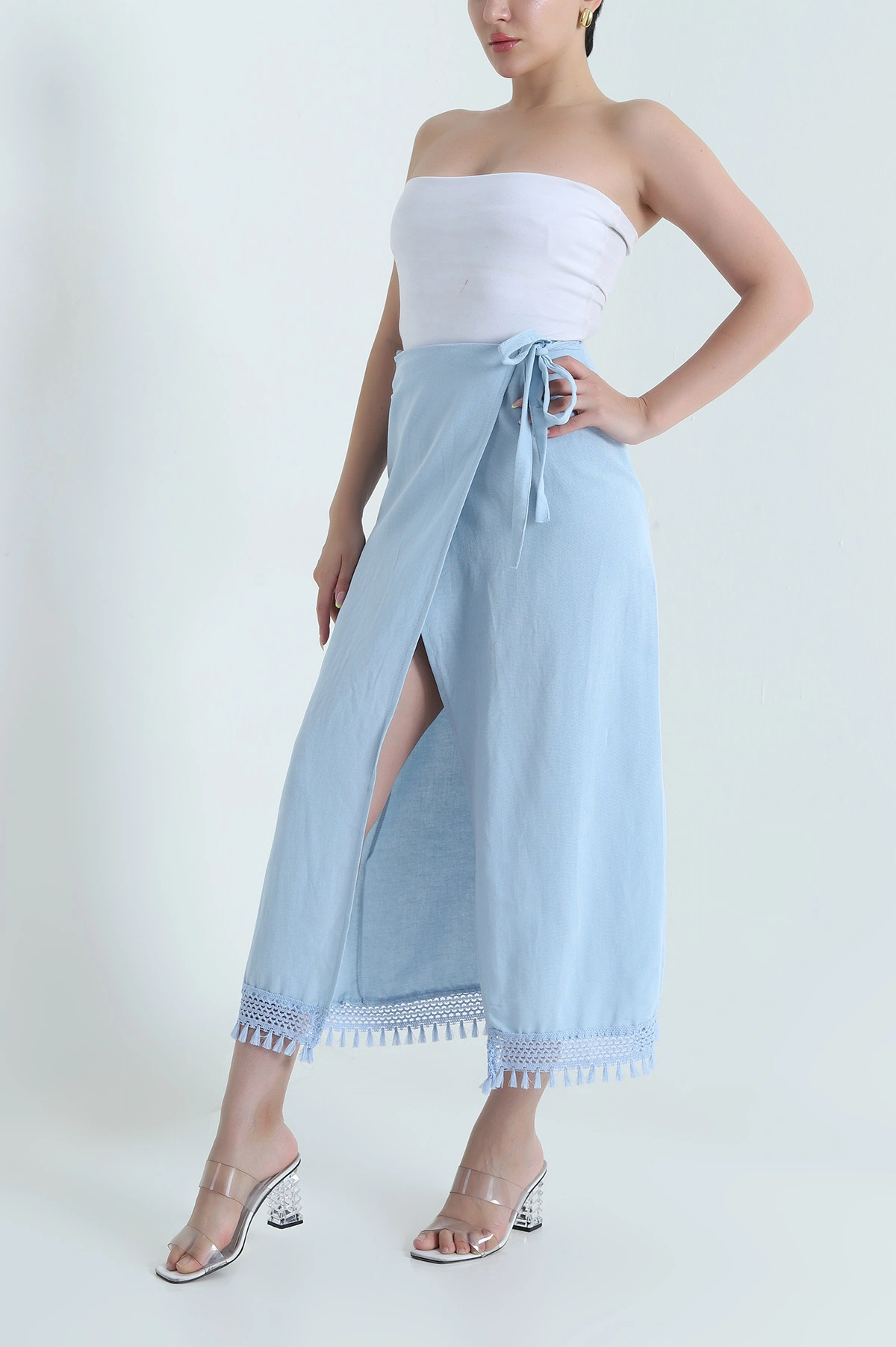 Bebe Mavisi Yırtmaçlı Keten Kadın Etek 469460