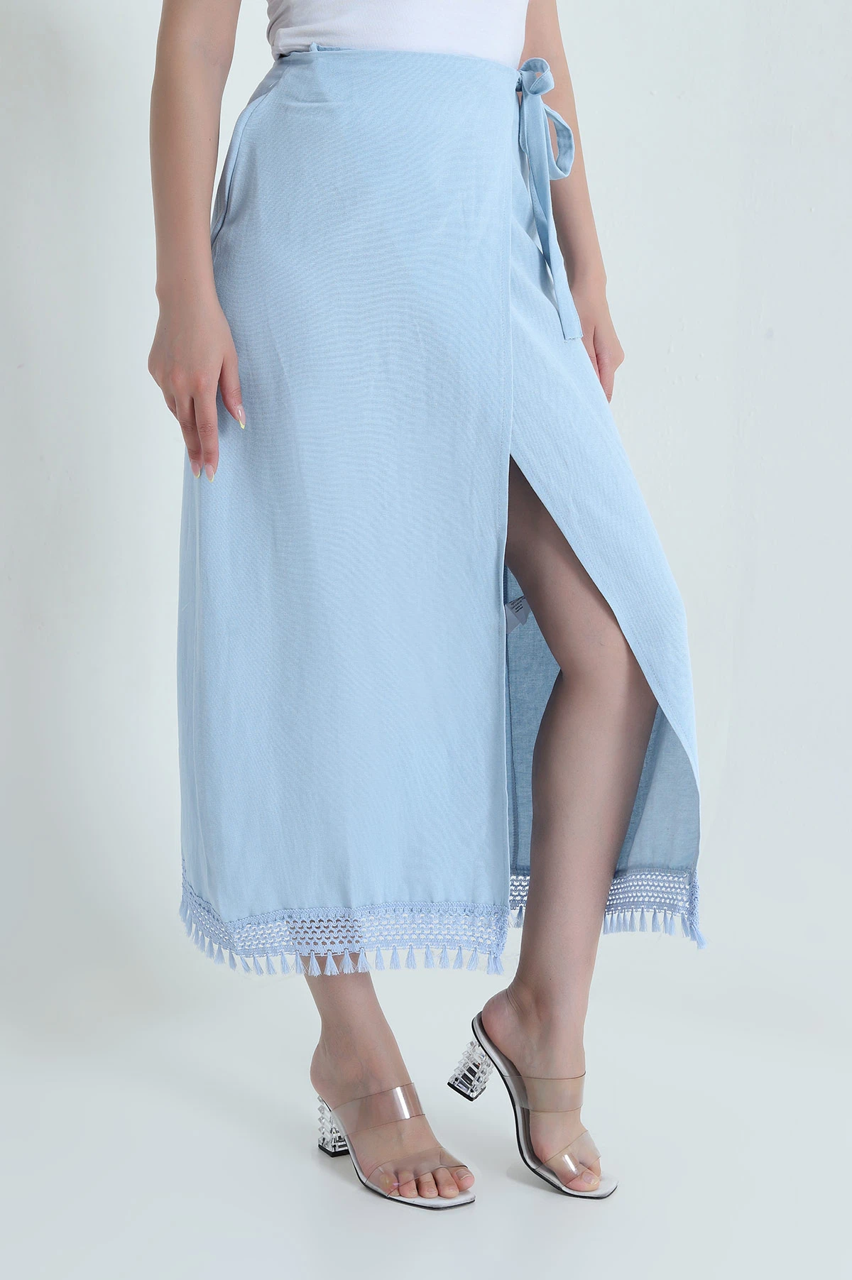 Bebe Mavisi Yırtmaçlı Keten Kadın Etek 469460