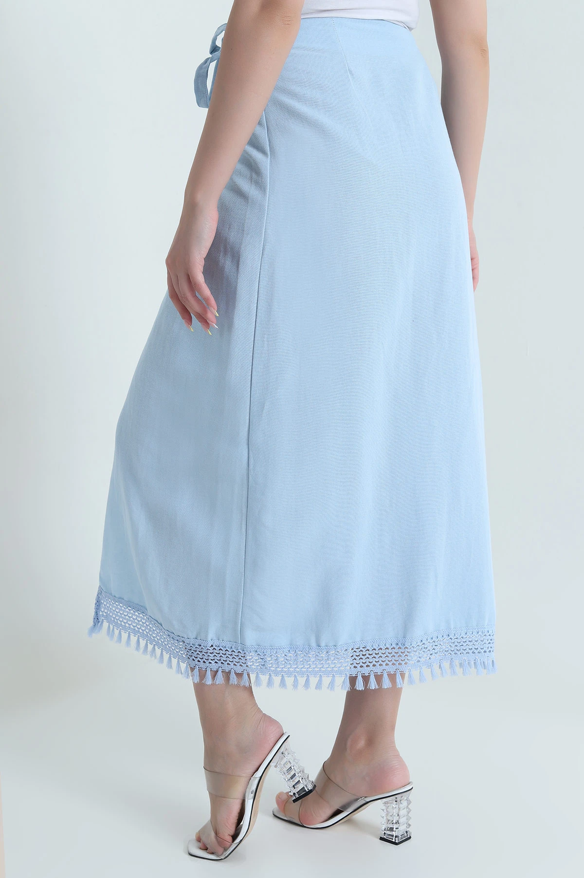Bebe Mavisi Yırtmaçlı Keten Kadın Etek 469460