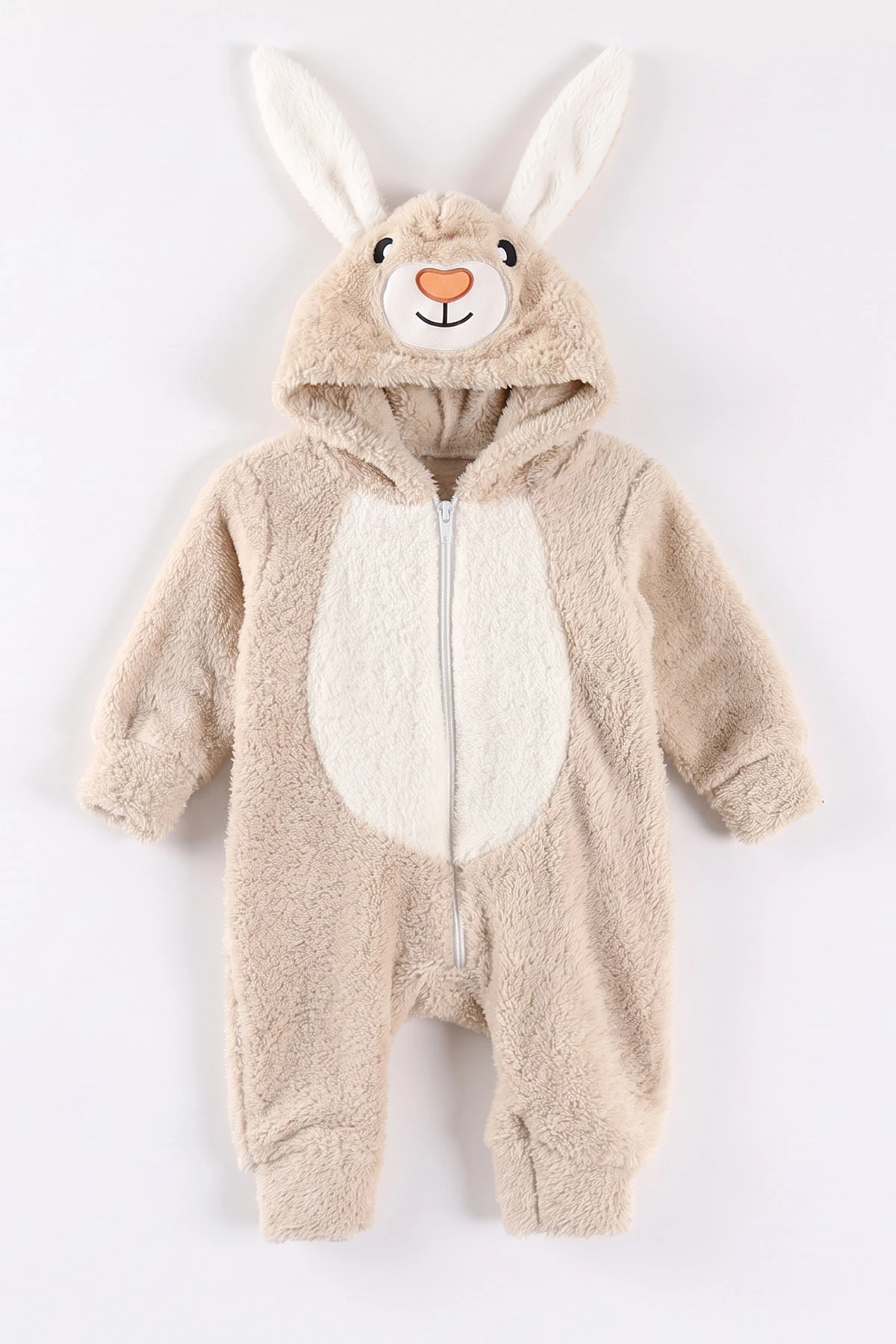 Bej (0-12 Ay) Kapüşonu Tavşan Nakışlı  Peluş Unisex Bebek Tulum 495382