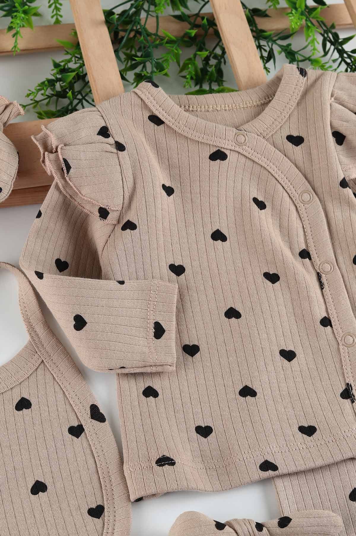 Bej (0-3 Ay) Kalp Baskılı 5'li Kız Bebe Takım 201358