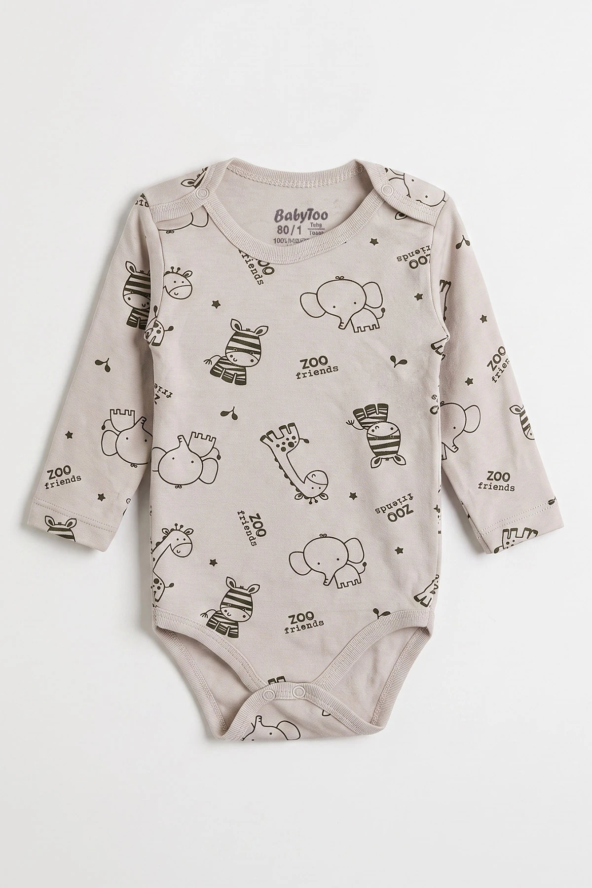 Bej (0-3 Yaş) Safari Desenli Uzun Kol Bebek &Çocuk Çıtçıtlı Badi 482374