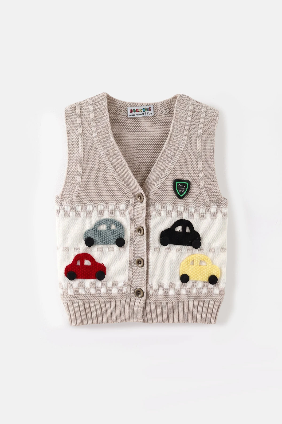 Bej (0-5 Yaş) Araba Motifli Triko Erkek Çocuk&Bebek Yelek 474863