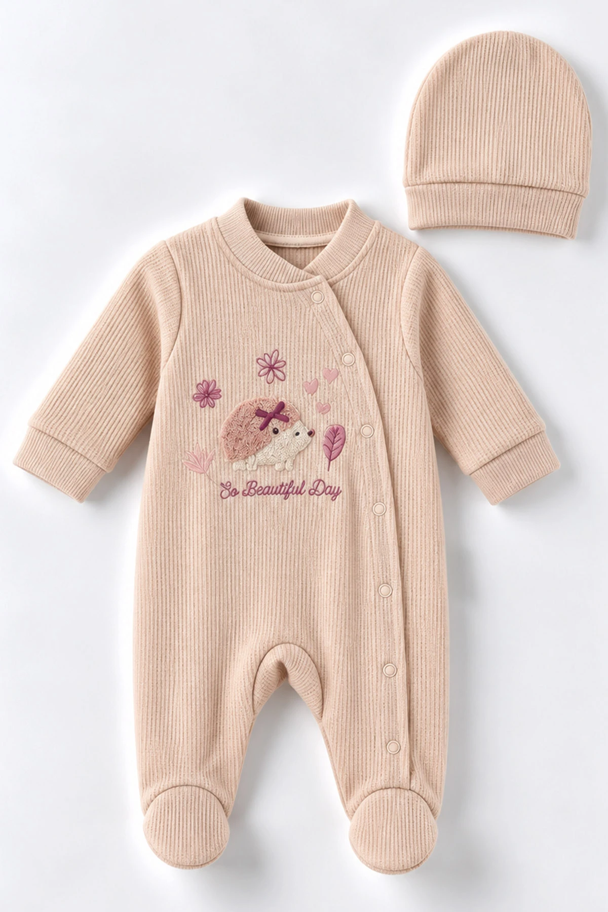 Bej (0-9 Ay)  Kirpi Nakışlı Waffle Kumaş Çıtçıtlı Şapkalı Kız Bebek Tulum 486990