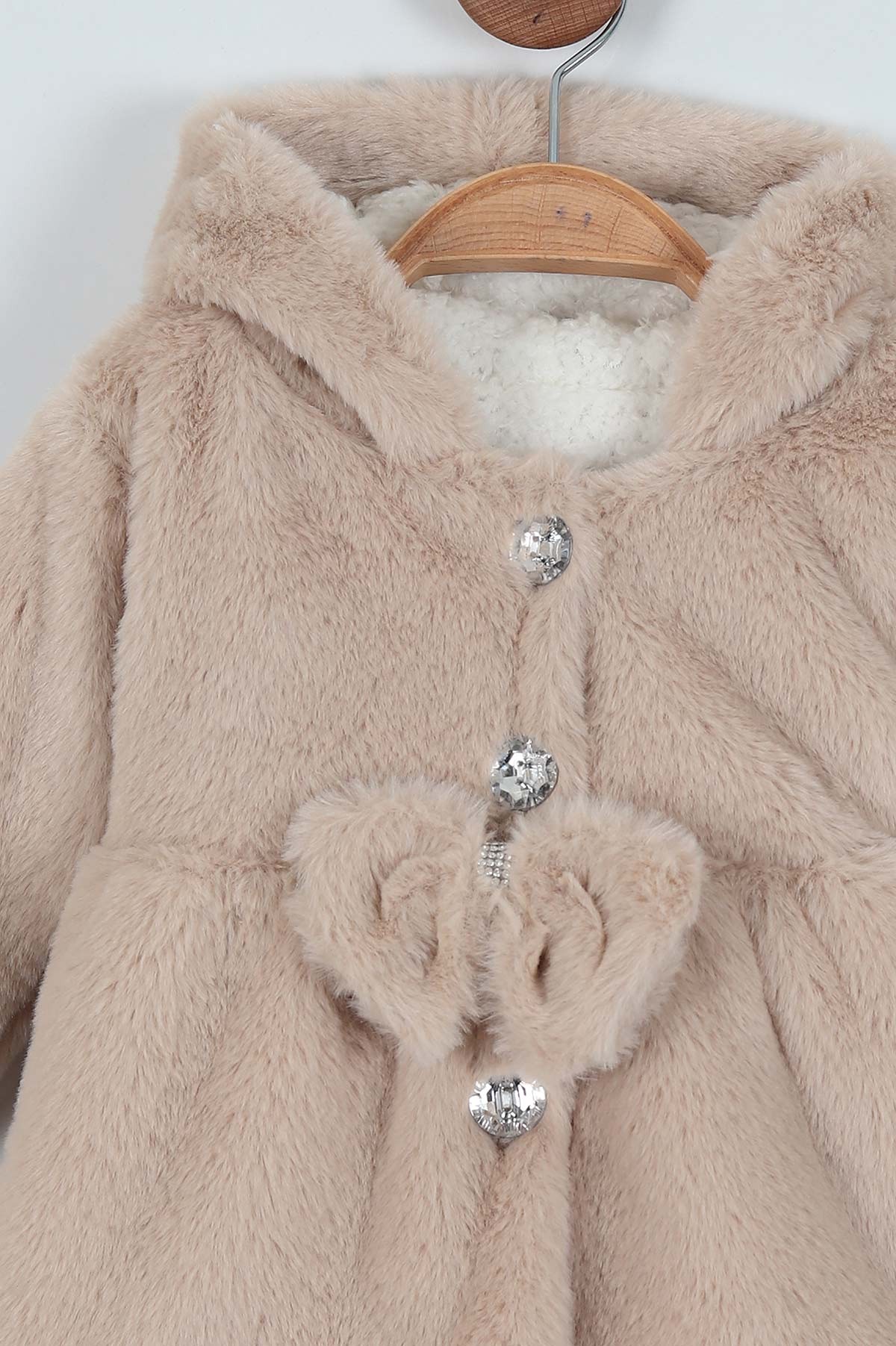 Bej (1-3 Yaş) Taş Detaylı Fiyonklu Kürklü Kız Bebe Mont 220924