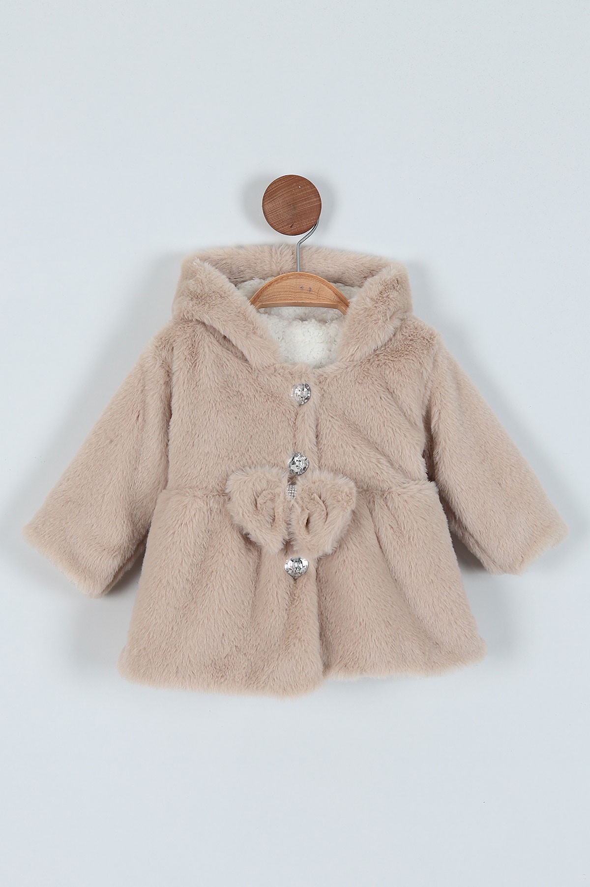 Bej (1-3 Yaş) Taş Detaylı Fiyonklu Kürklü Kız Bebe Mont 220924