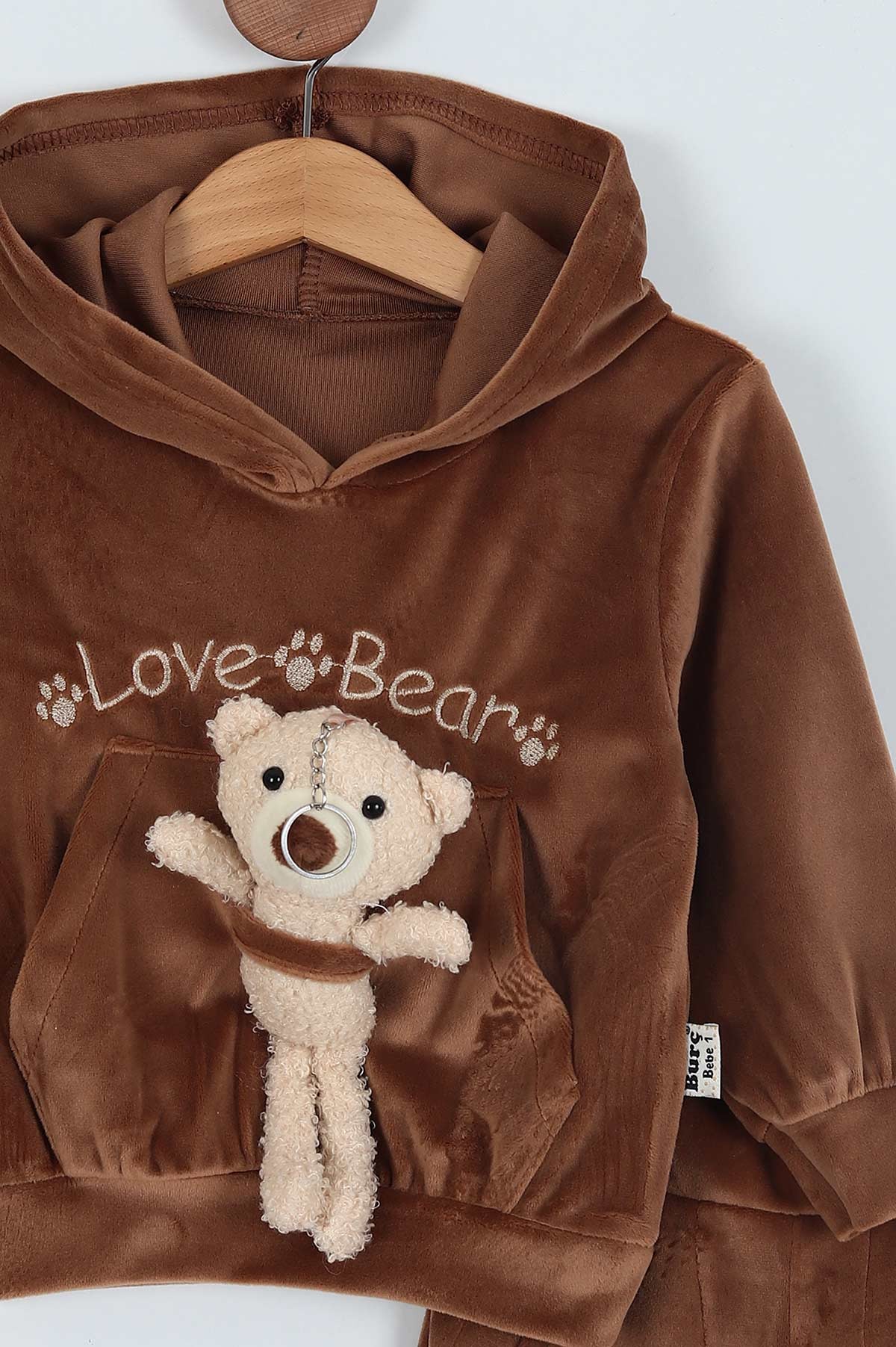 Bej (1-4 Yaş) Ayı Oyuncaklı Love Nakışlı Kadife İkili Kız Çocuk Takım 221112