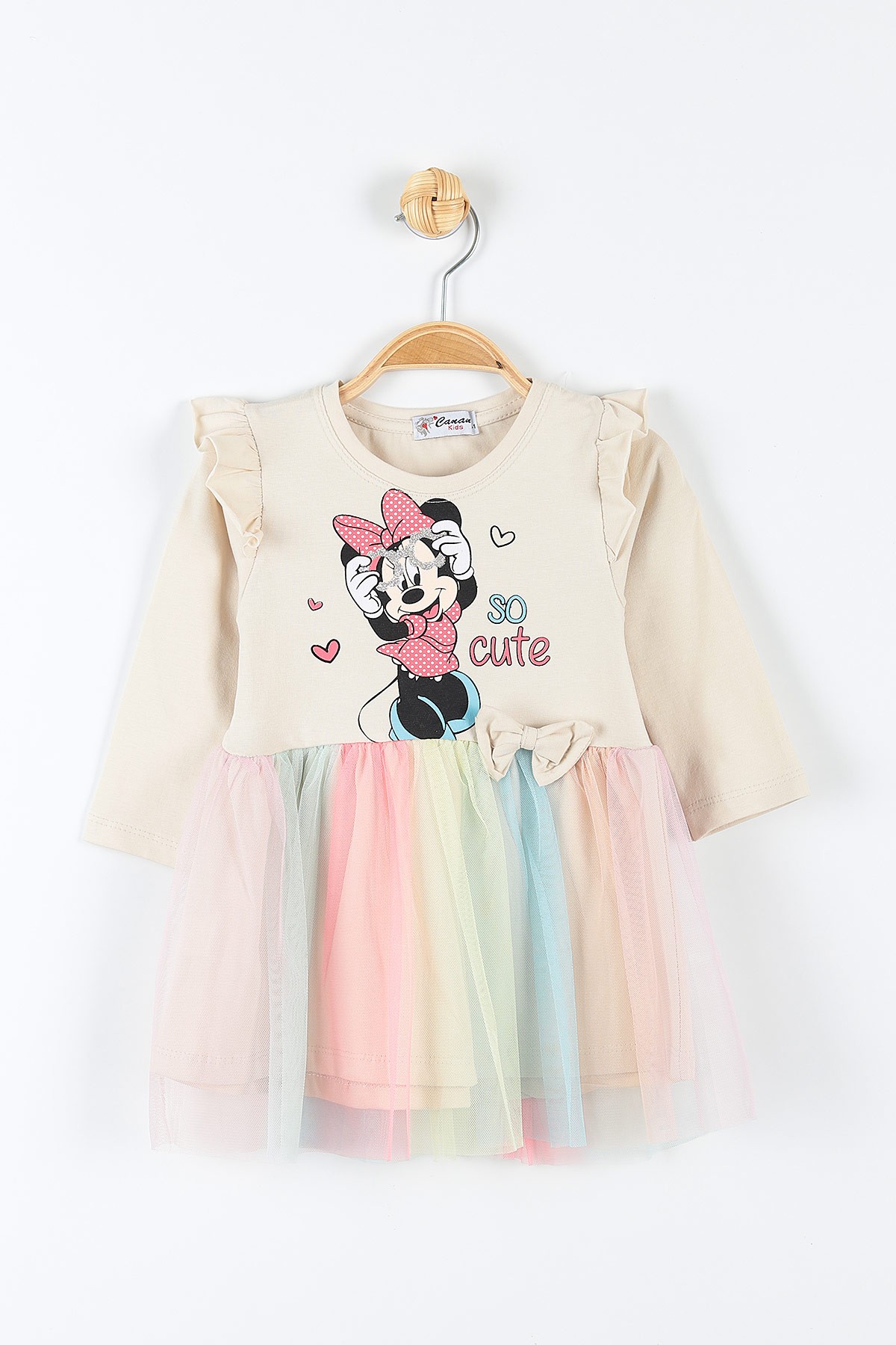 Bej (1-4 Yaş) Minnie Mouse Baskılı Kız Çocuk Elbise 174905