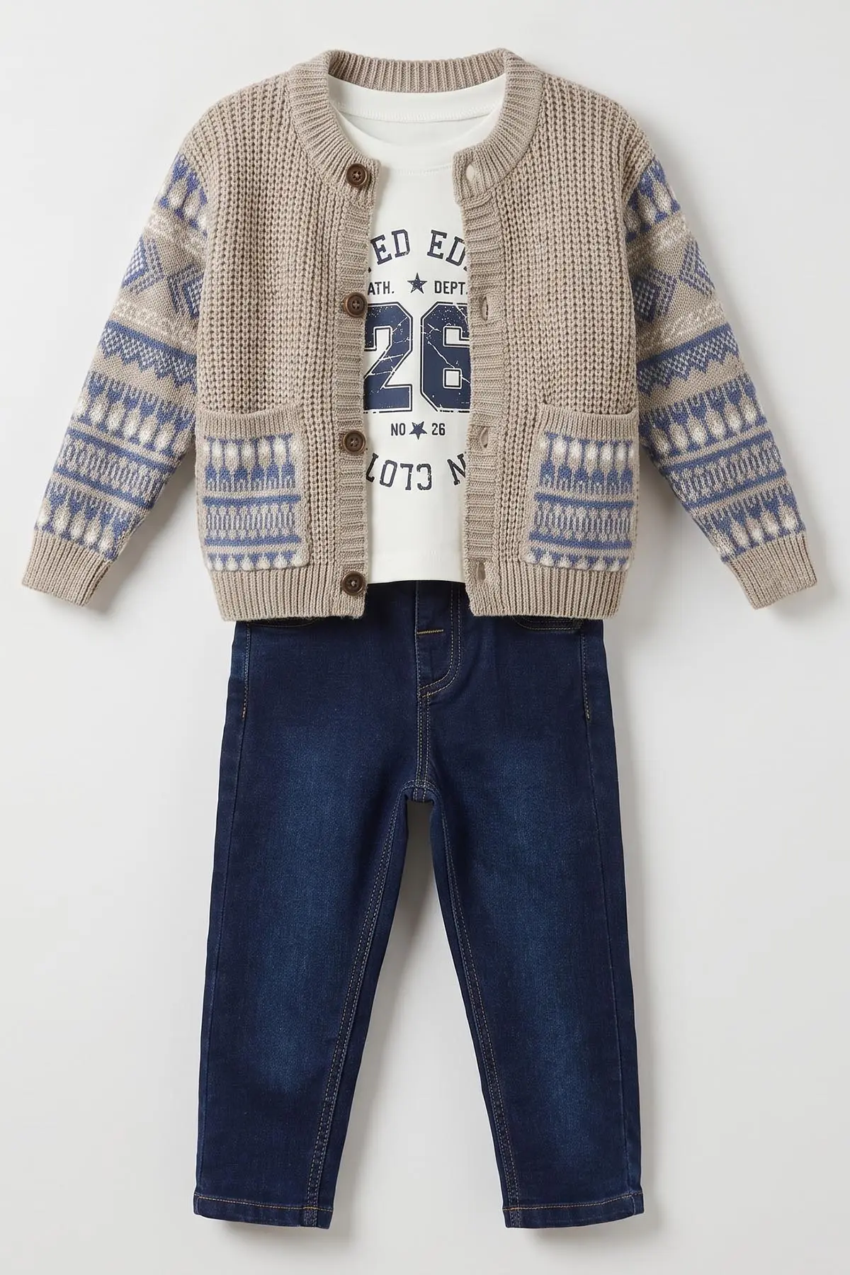 Bej (1-5 Yaş) Baskılı Badili Kilim Desenli Triko Hırkalı Kot Pantolonlu Erkek Çocuk 3'lü Takım 500990