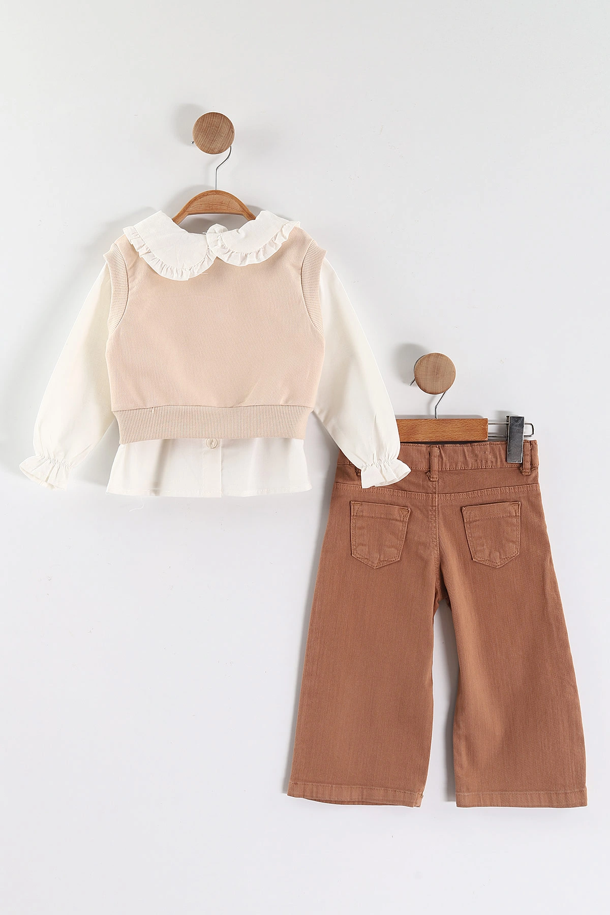 Bej (1-5 Yaş) Bebe Yaka Keten Gömlekli Çiçekli Süveterli Gabardin Pantolonlu Kız Çocuk 3'lü Takım 442764