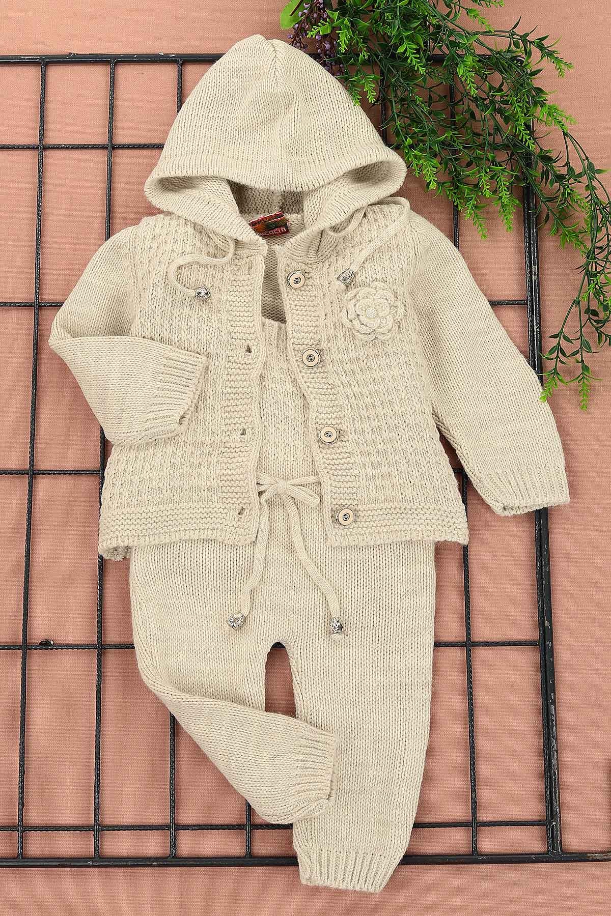 Bej (1-5 Yaş) Çiçek işlemeli Düğmeli Kız Çocuk Takım 151807
