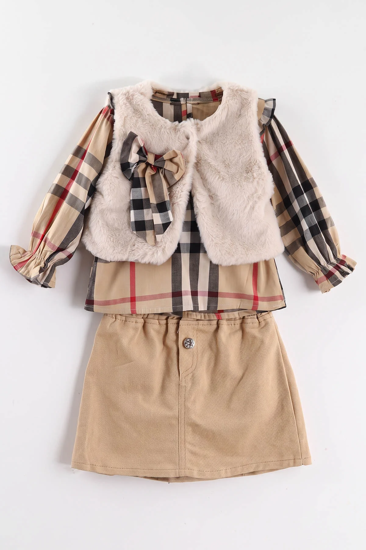 Bej (1-5 Yaş) Fırfırlı Peluş Yelekli Gabardin Etekli Kız Çocuk 3'lü Takım 473410