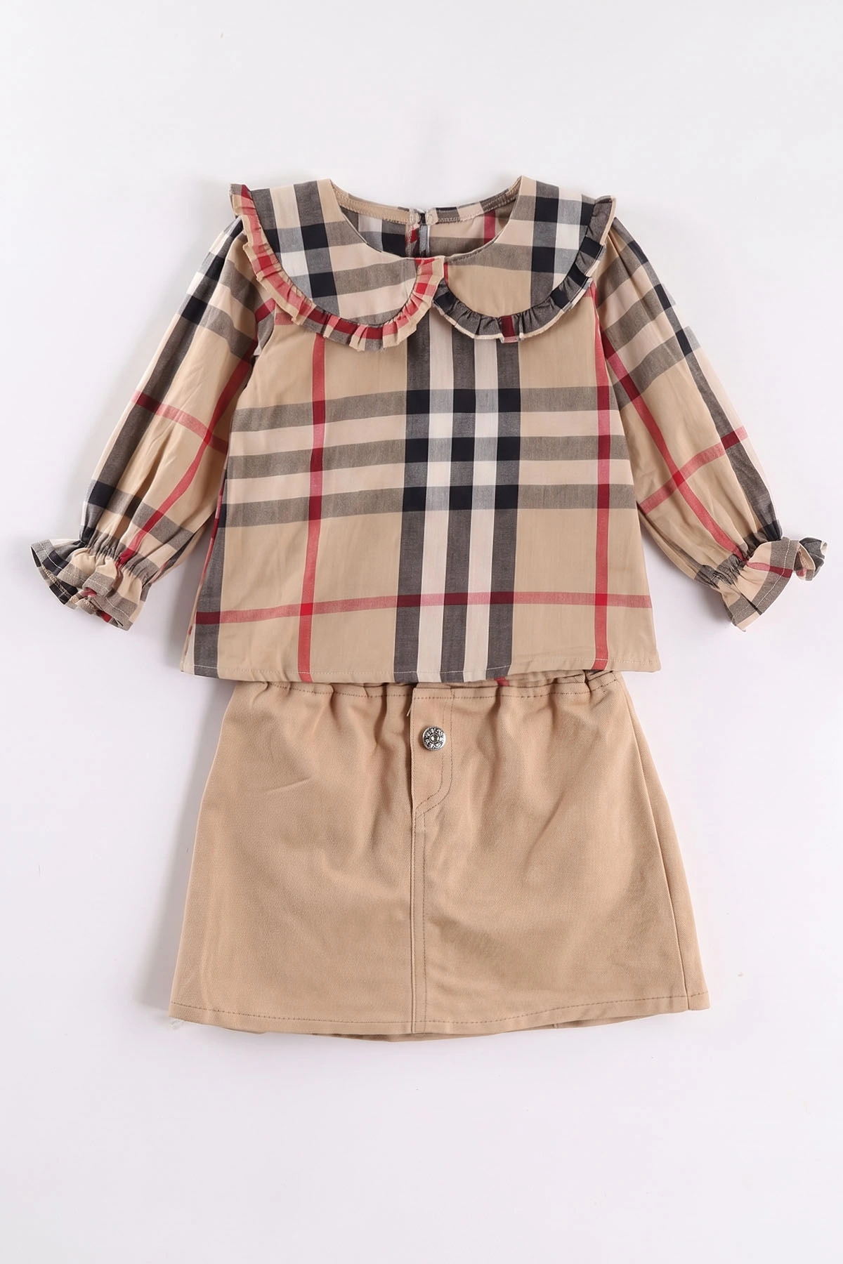 Bej (1-5 Yaş) Fırfırlı Peluş Yelekli Gabardin Etekli Kız Çocuk 3'lü Takım 473410