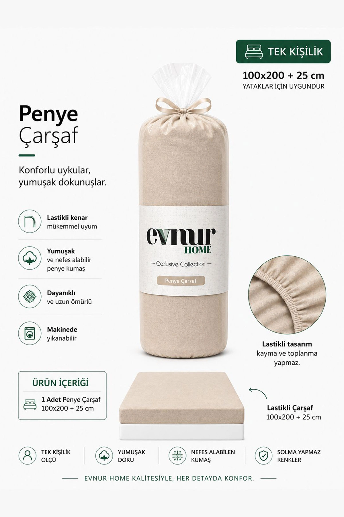 Bej 100x200+25 Cm Evnur Home Penye Tek Kişilik Fitted (Lastikli) Çarşaf 467375