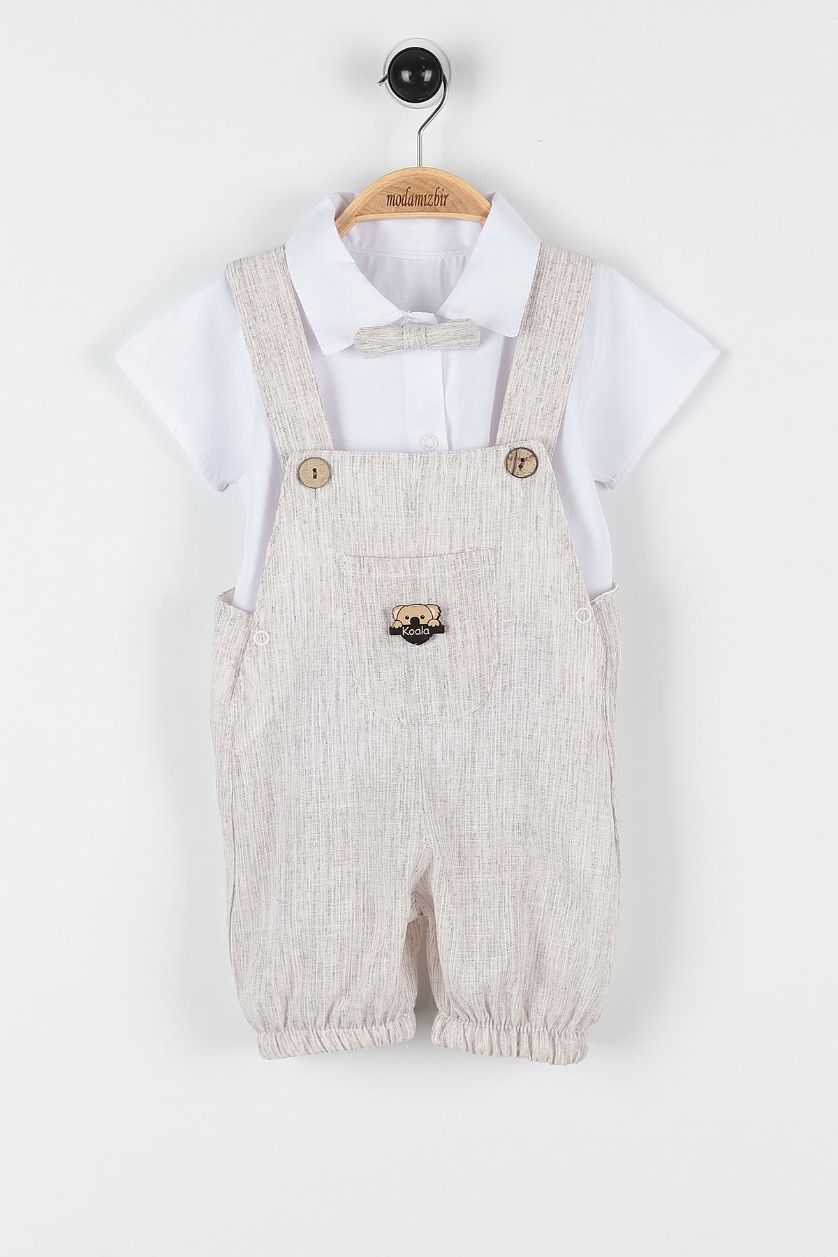 Bej (12-24 Ay) Koala Motifli Cep Detaylı Papyonlu Erkek Bebe Takım 169434