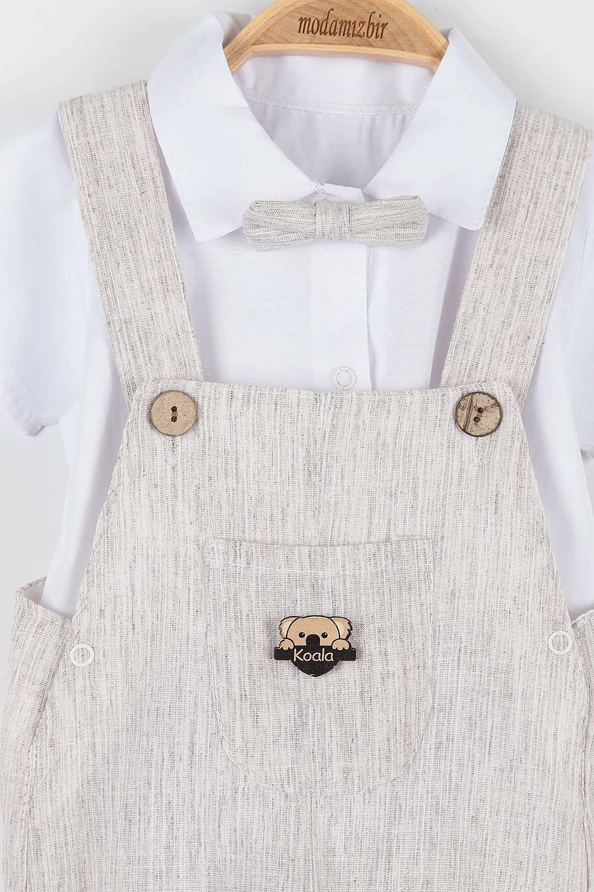Bej (12-24 Ay) Koala Motifli Cep Detaylı Papyonlu Erkek Bebe Takım 169434