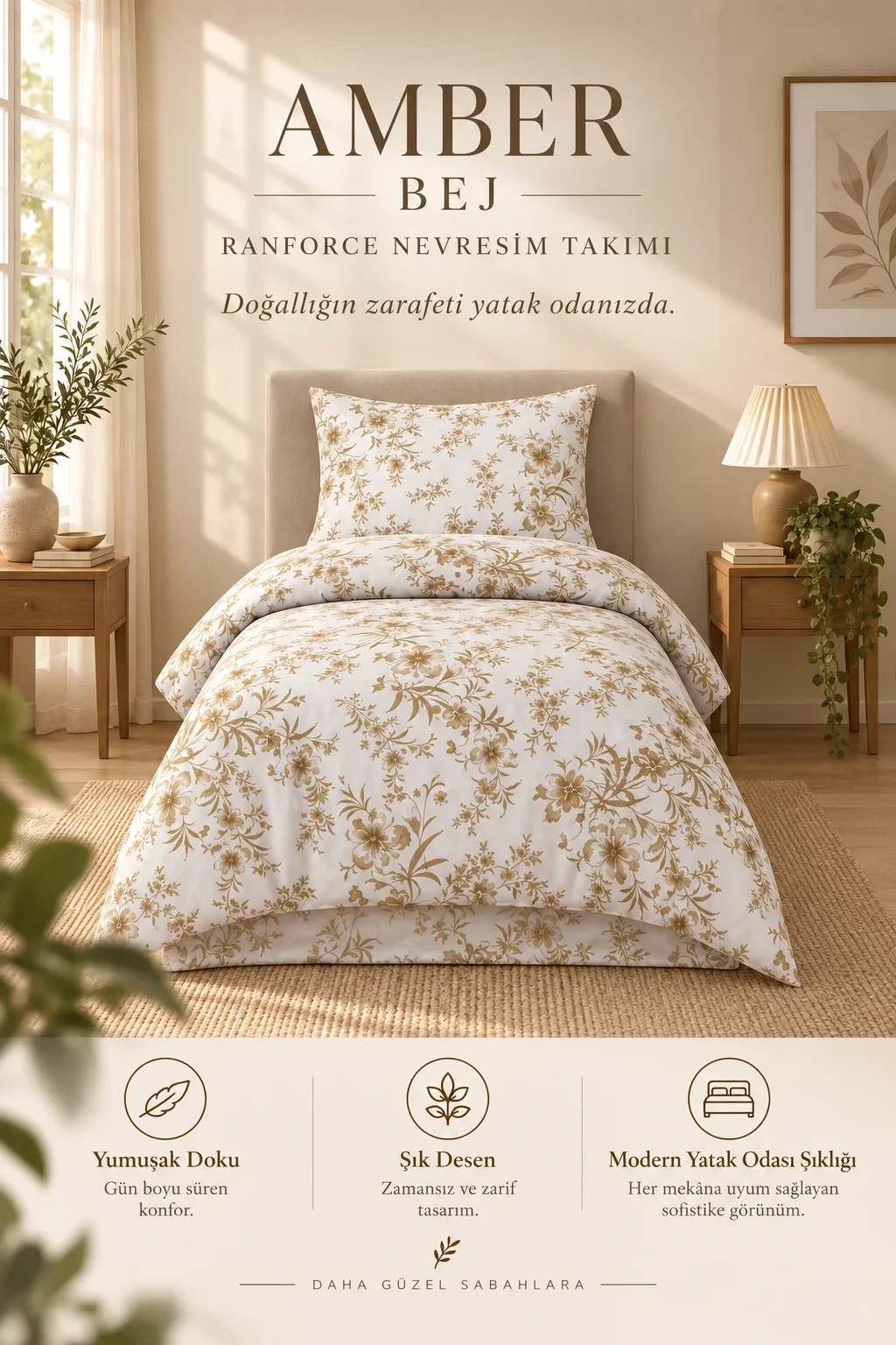 Bej 160x220 Cm Bella Home Tek Kişilik Lastikli Çarşaf Nevresim Takımı 491123