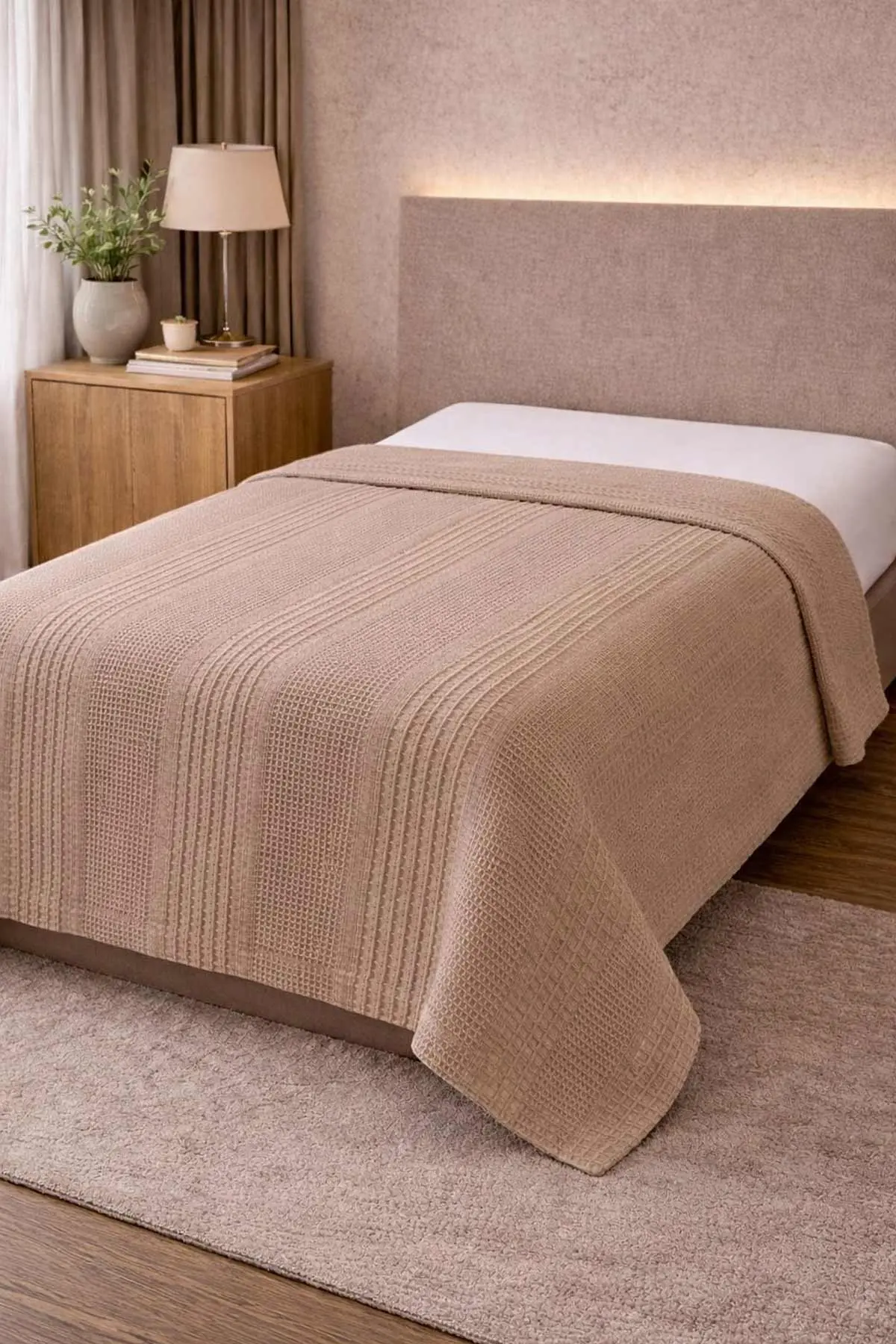 Bej 160x220 Cm Bella Home Tek Kişilik Pamuklu Petek Pike 474872