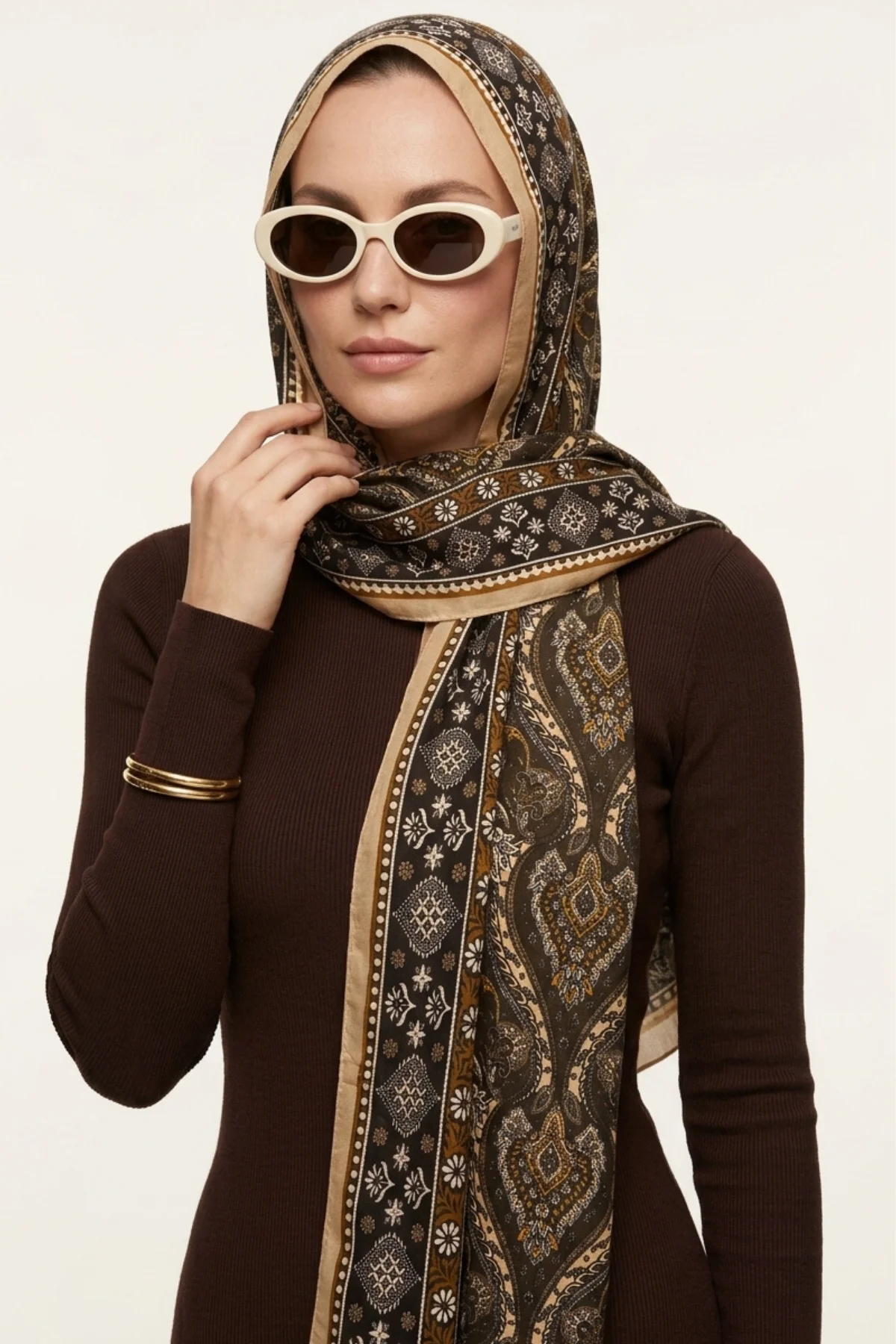 Bej 180x70 Cm Our Fashion Dijital Baskılı Desenli Bambu Kraş Şal 488546